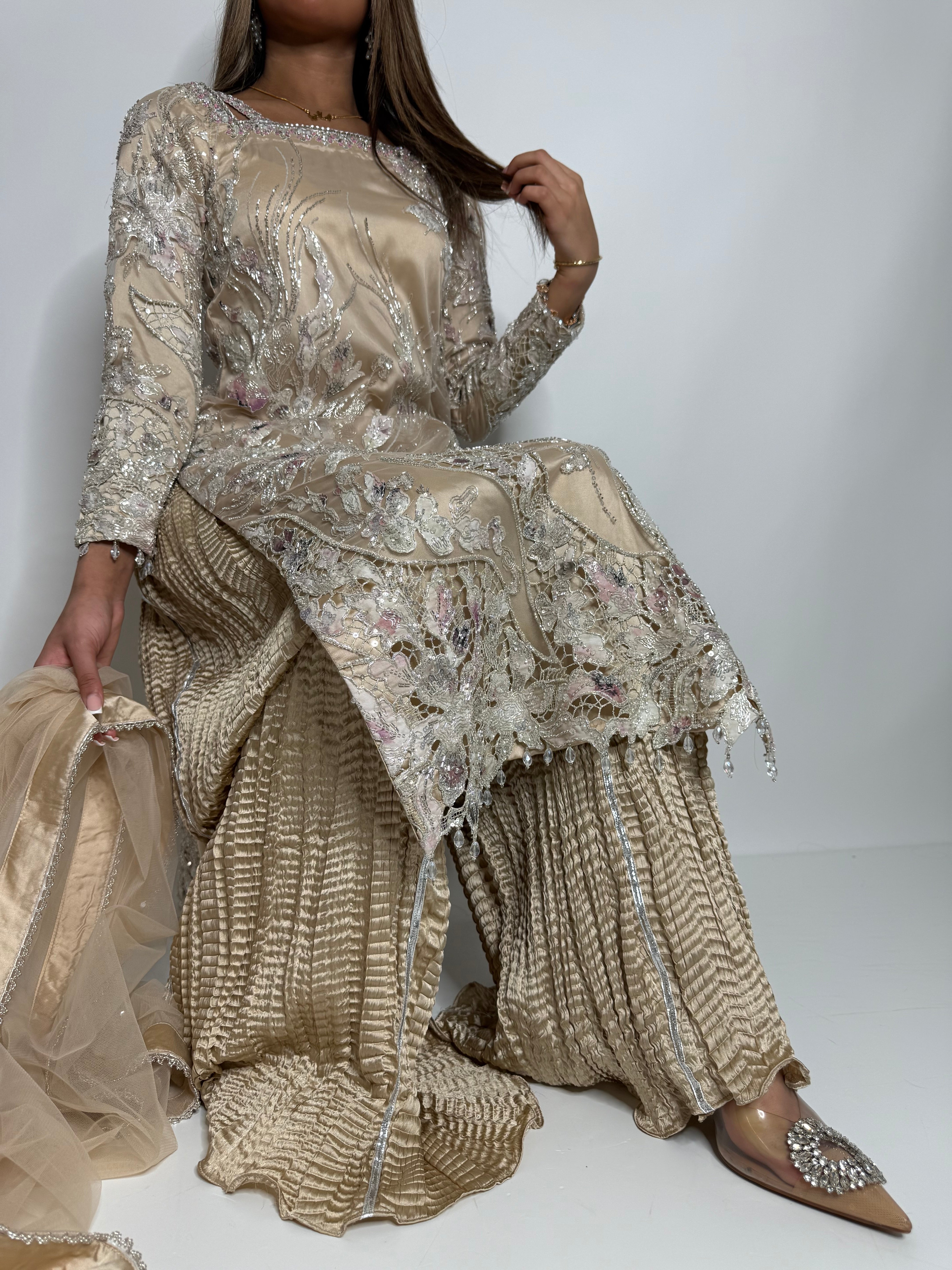 Zarqash | Luxury Pakistani Champagne Cutdana Sharara Suit UK | Wedding Guest, Nikkah & Eid Occasion Wear