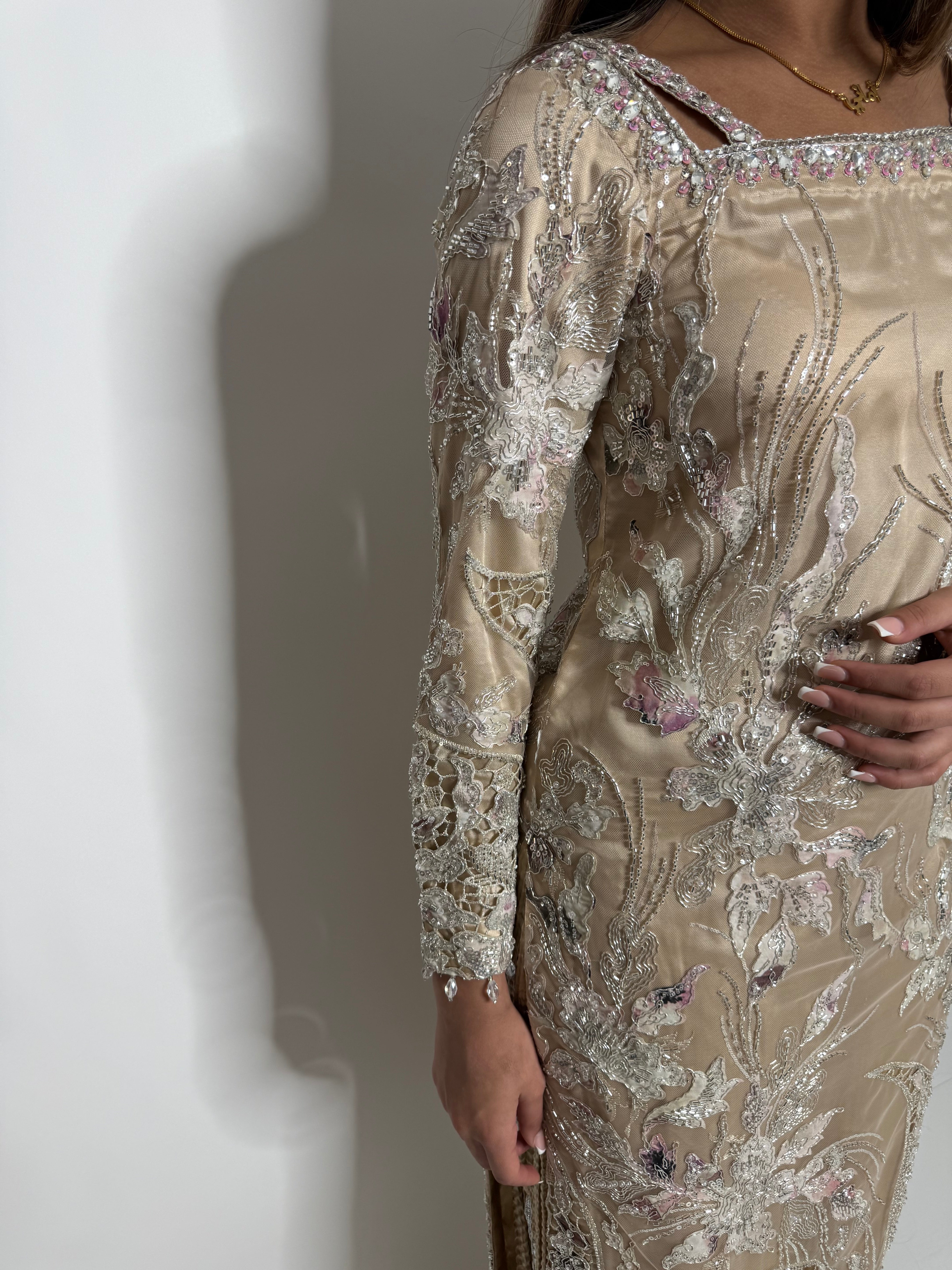 Zarqash | Luxury Pakistani Champagne Cutdana Sharara Suit UK | Wedding Guest, Nikkah & Eid Occasion Wear