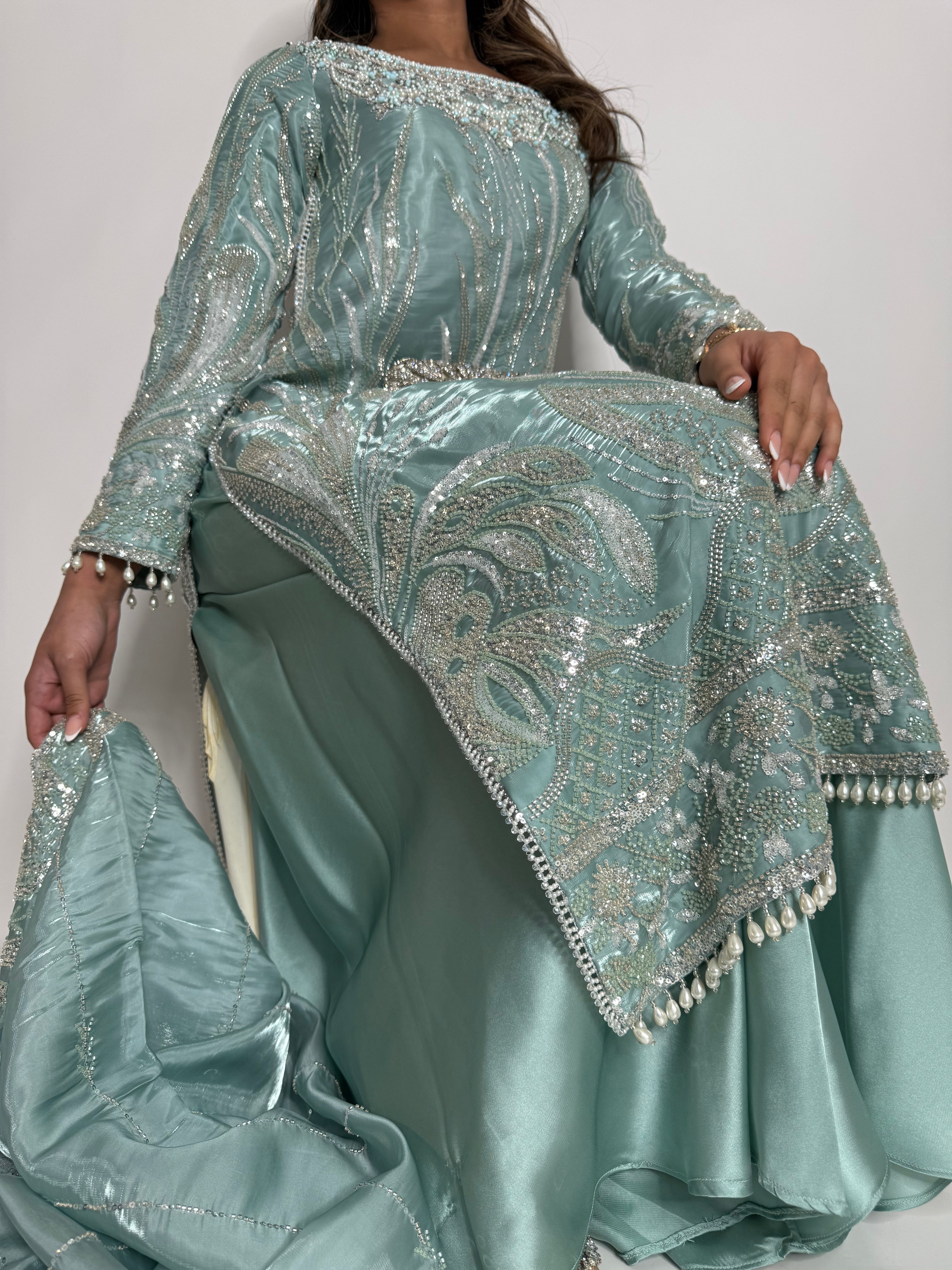 MINT SILK CUTDANA EMBROIDERED SHARARA SUIT UK | THE KAIA MIRETH