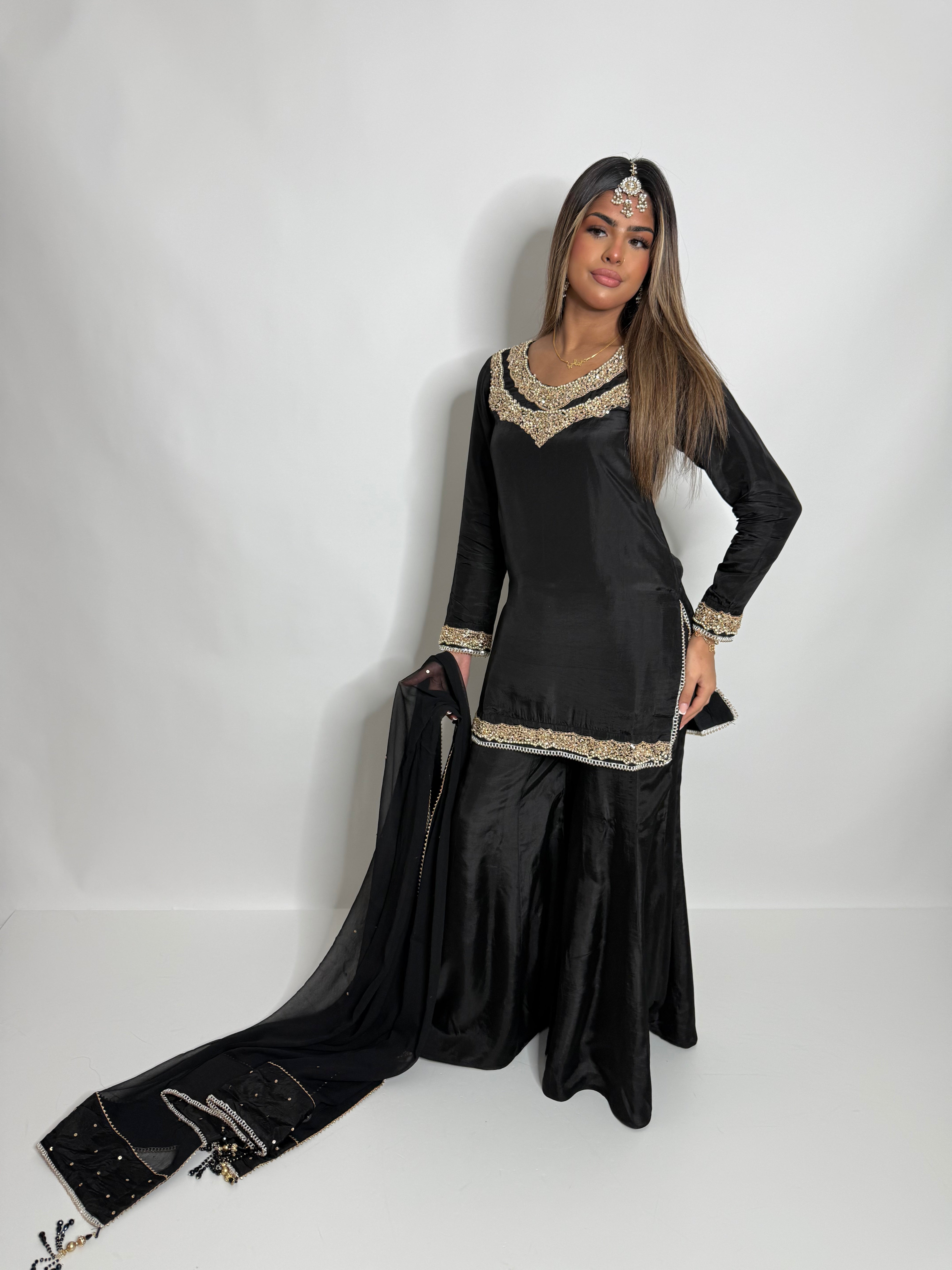 BLACK SILK SHARARA SUIT UK | THE KAIA NOIRE