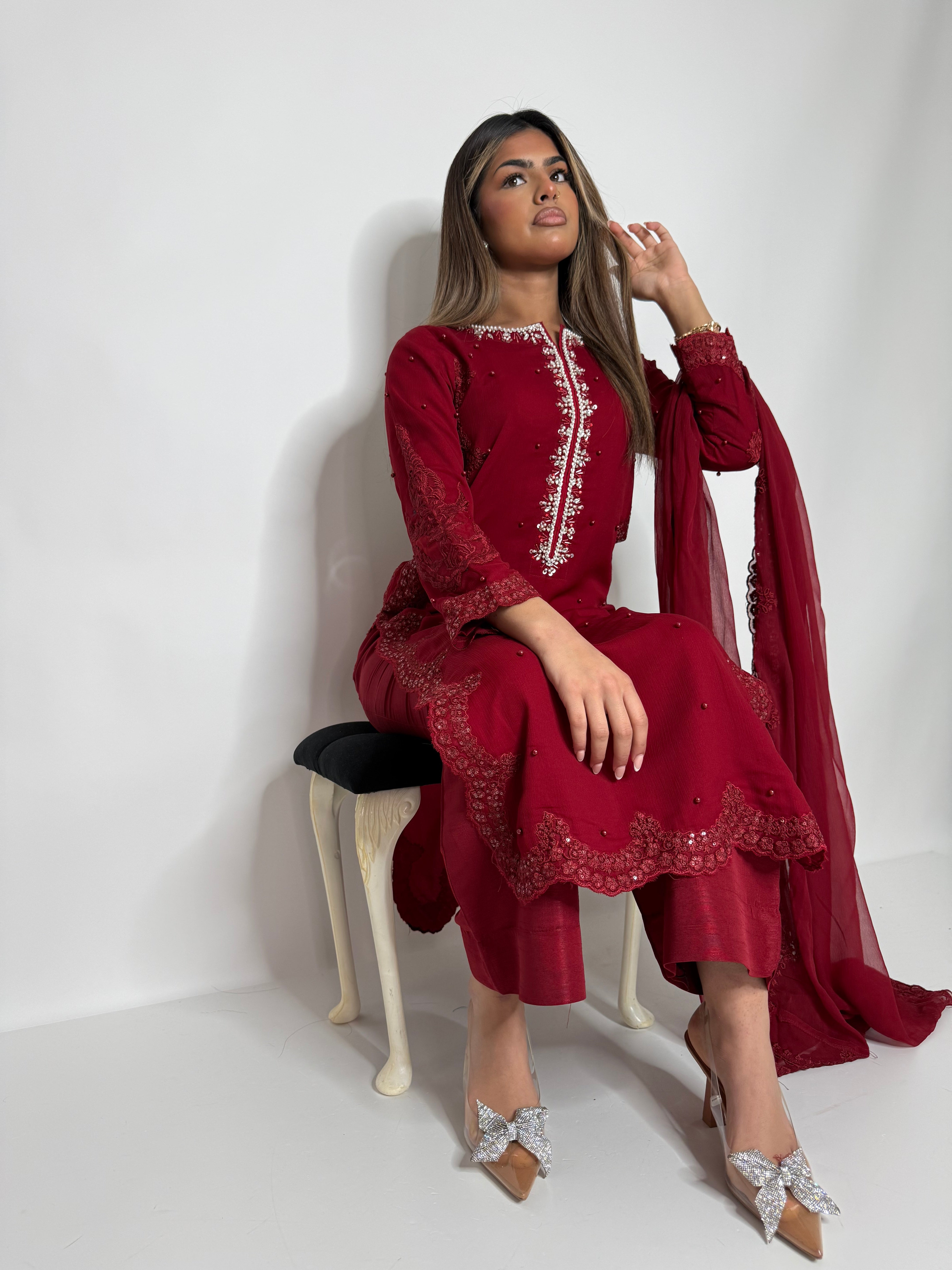 RED EMBROIDERED THREE PIECE SUIT UK | THE AMARA RUE