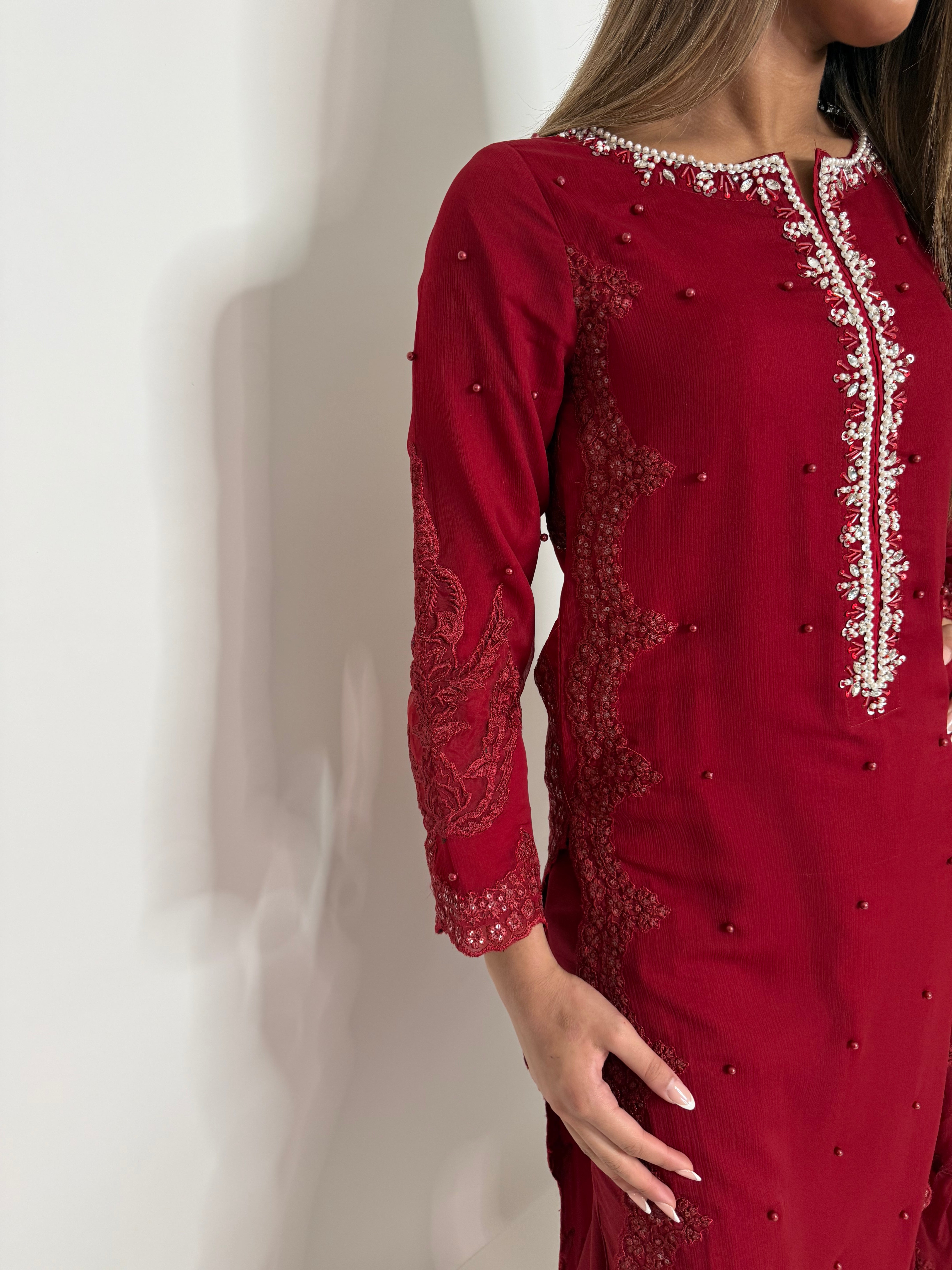RED EMBROIDERED THREE PIECE SUIT UK | THE AMARA RUE