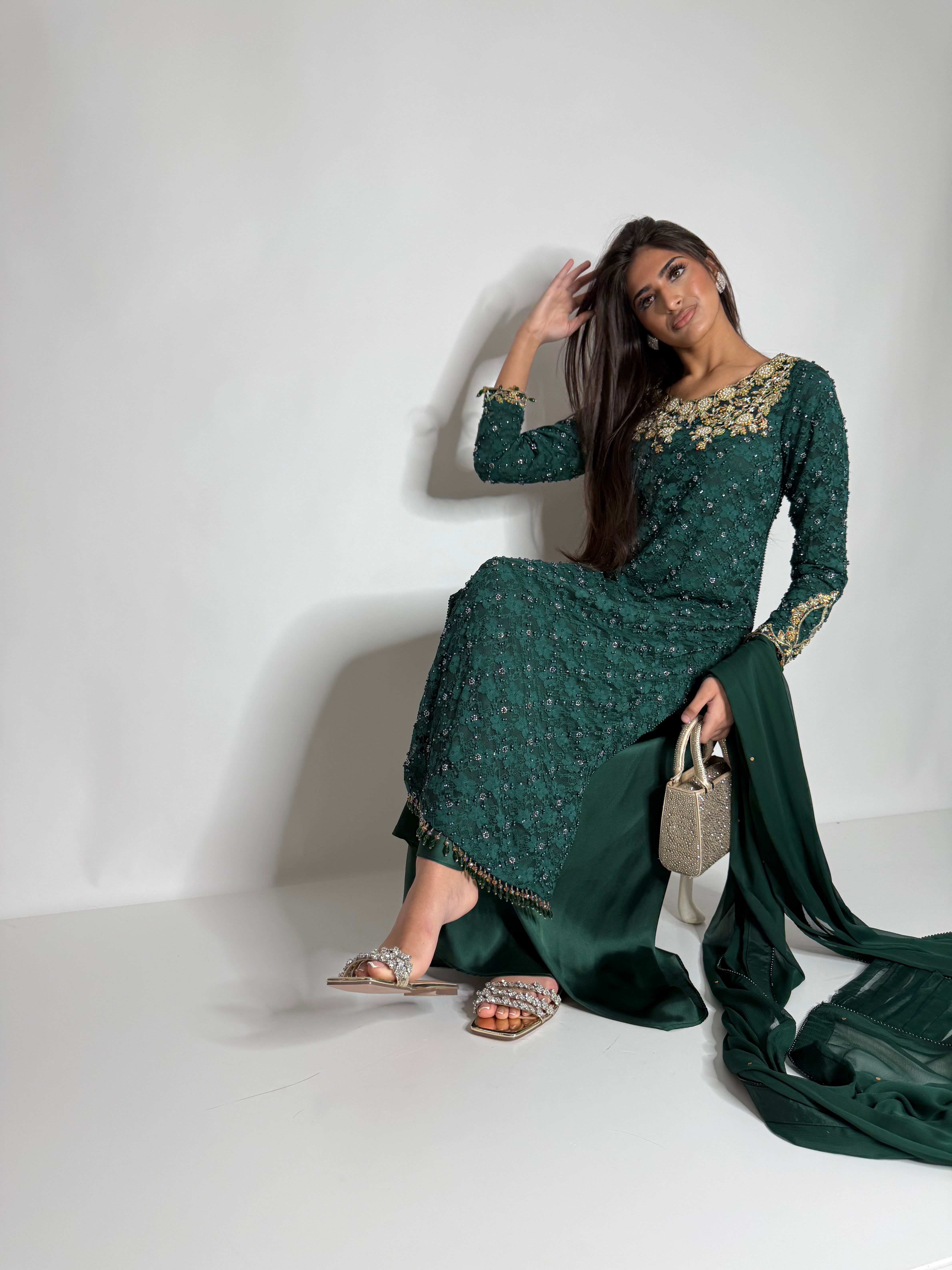 Emerald Pearl Crochet Three Piece Suit UK | The Bellagio