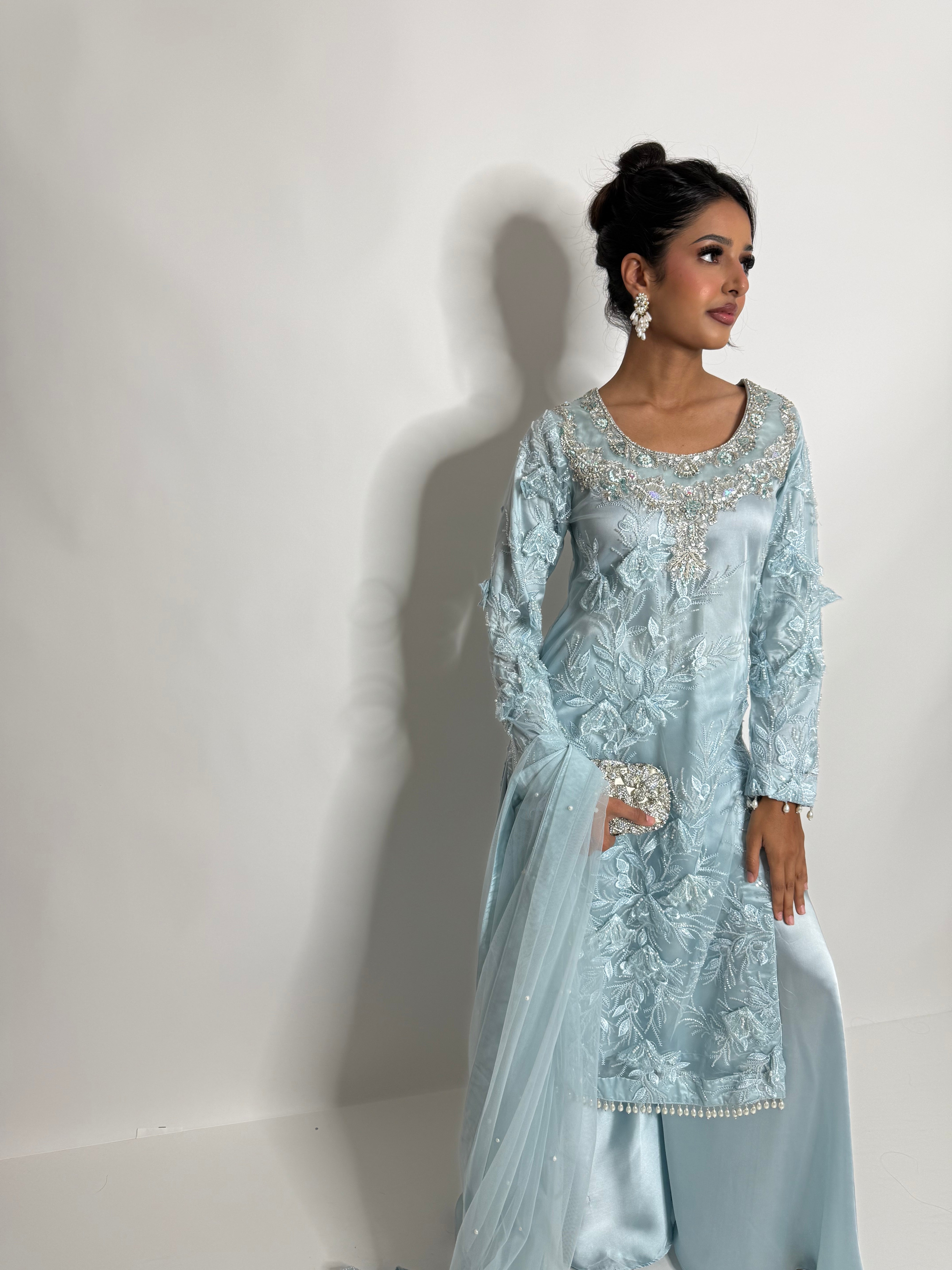 Azurielle | Luxury Pakistani Ice Blue Silk Sharara Suit UK | Wedding Guest & Eid Occasion Wear