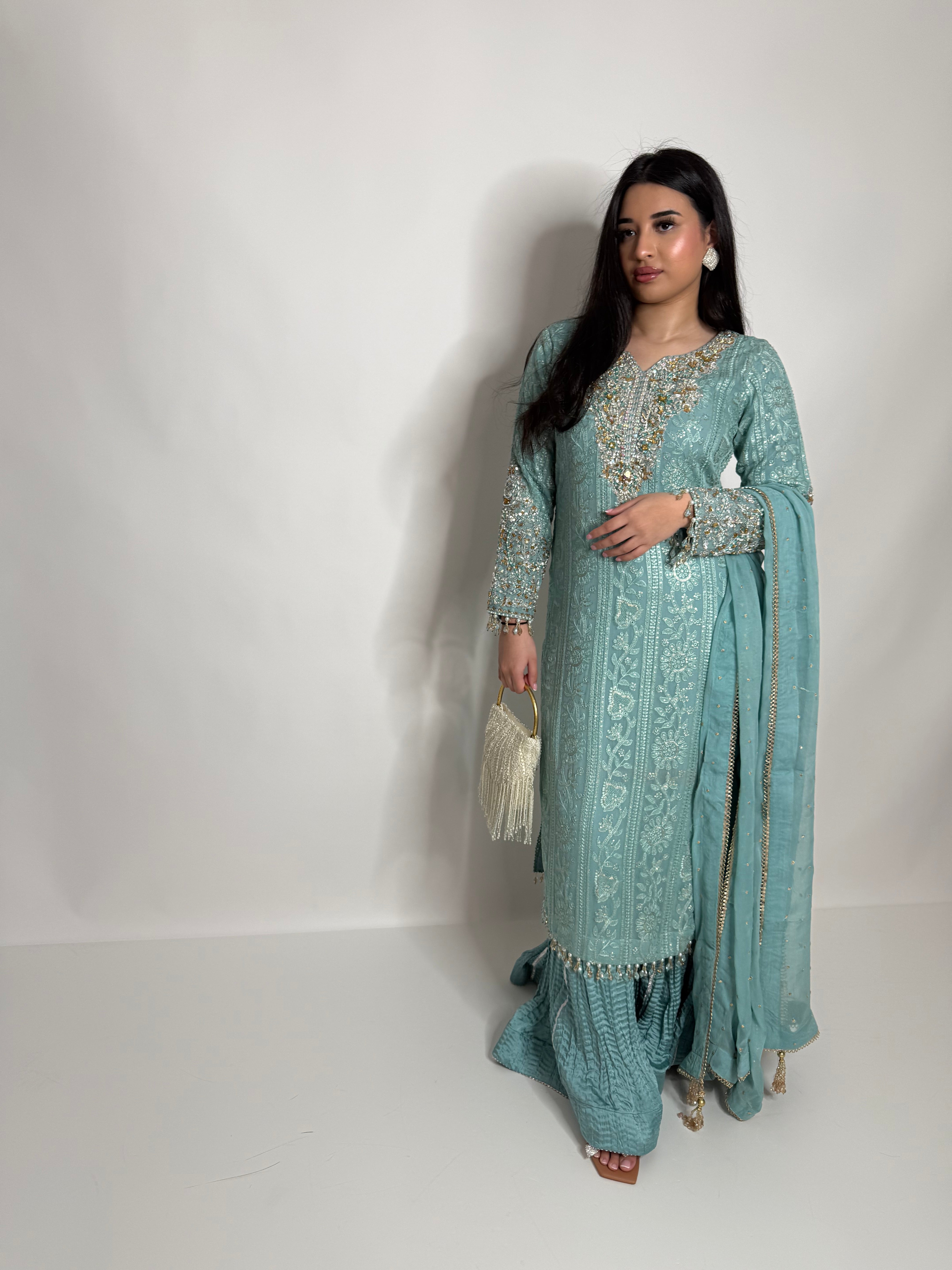 MINT GREEN CHIKANKARI SHARARA THREE PIECE SUIT UK | THE AZMIRA
