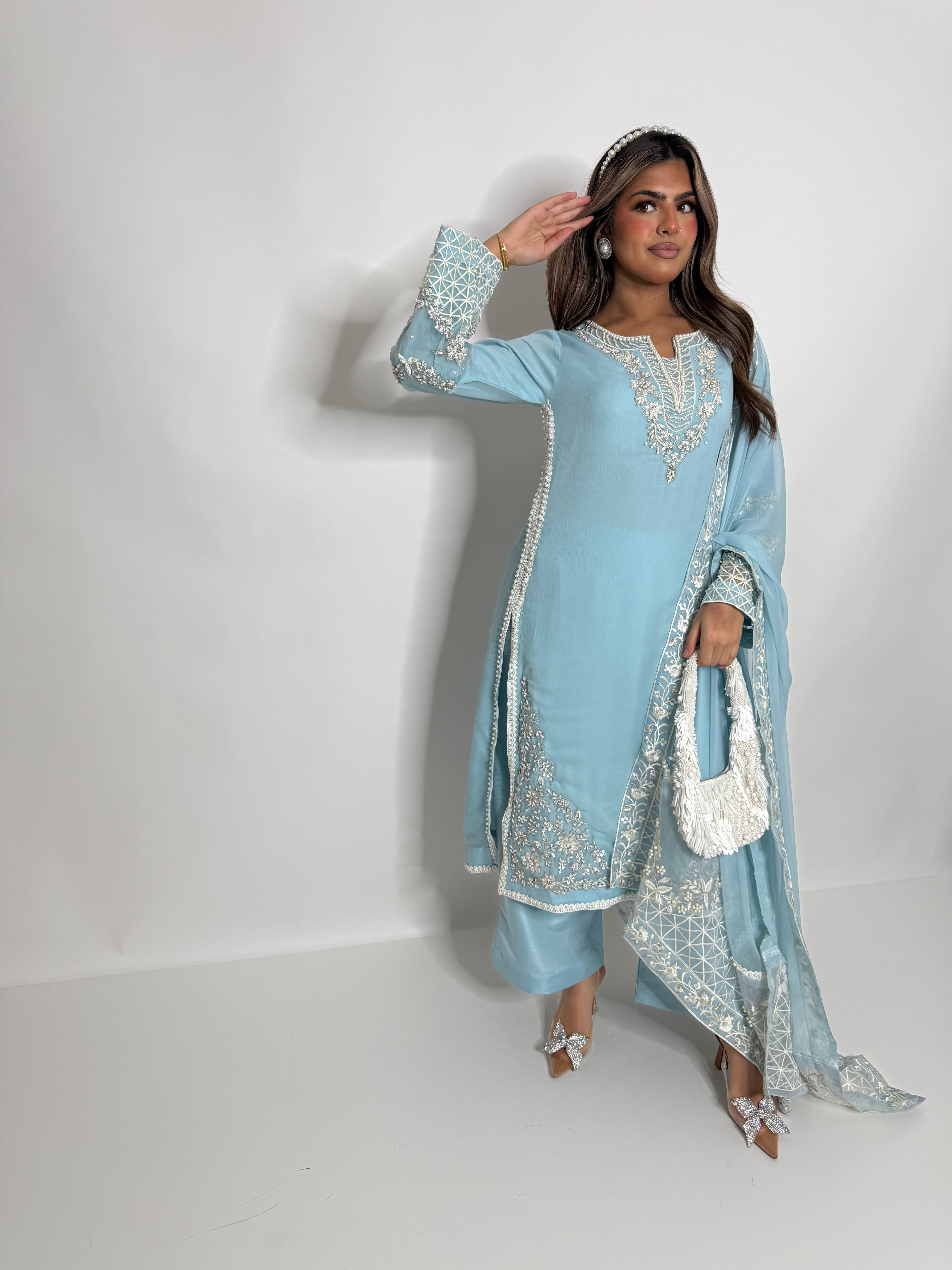 CELESTIAL BLUE CHIFFON THREE PIECE SUIT UK | THE ALARISSE