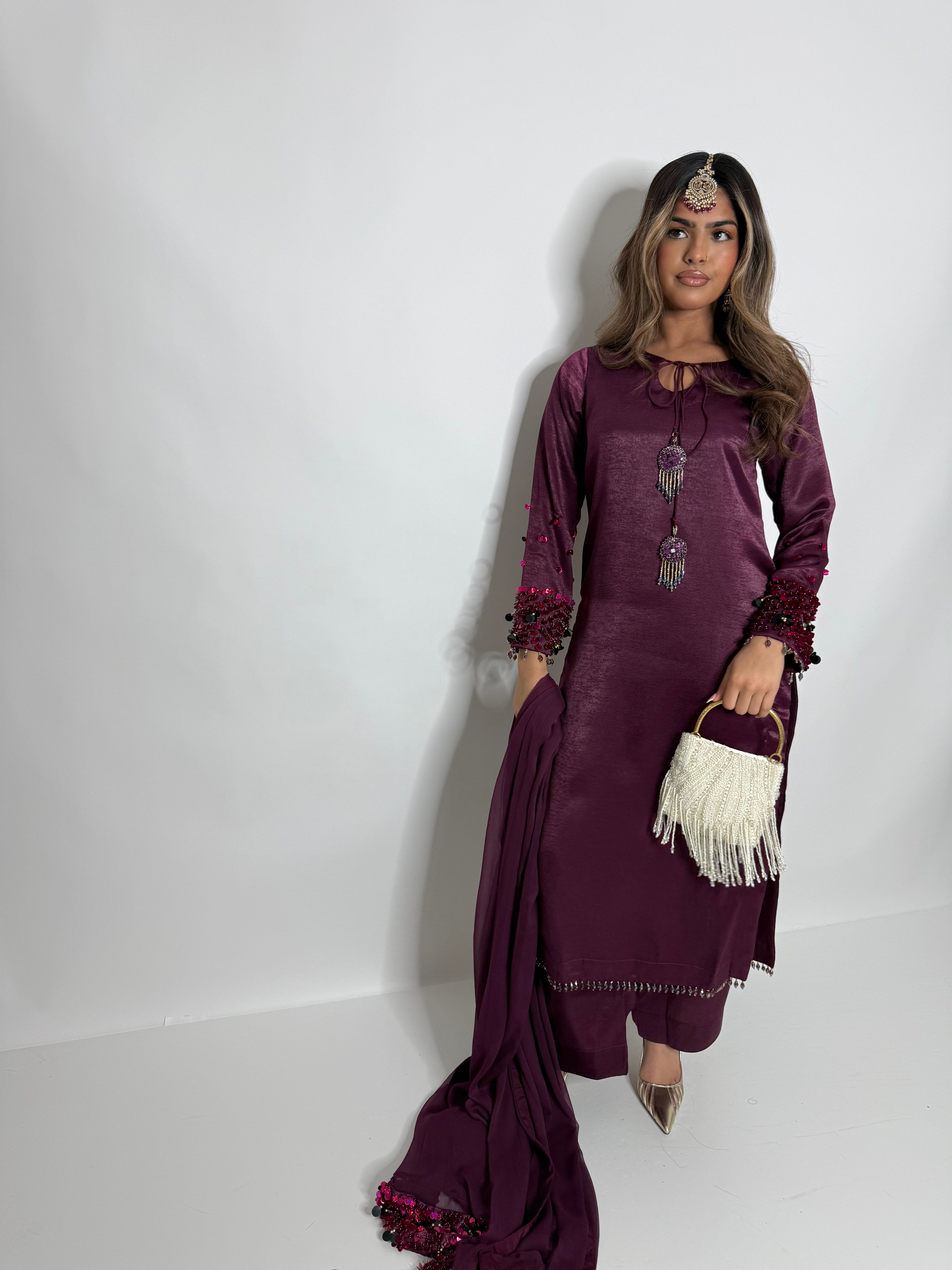 PLUM SILK THREE PIECE SUIT UK | THE MAHIRA VÉLOUR