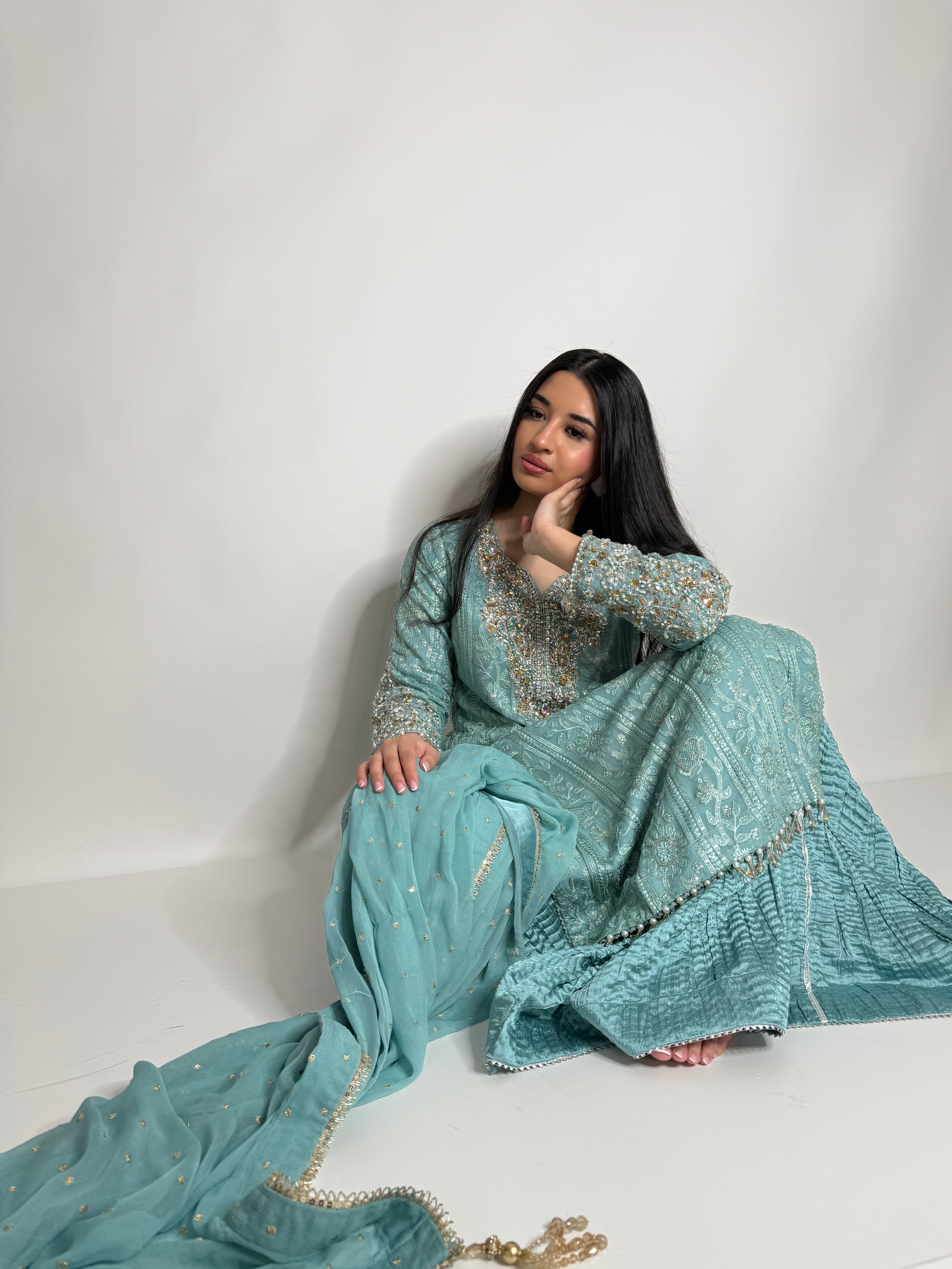 MINT GREEN CHIKANKARI SHARARA THREE PIECE SUIT UK | THE AZMIRA