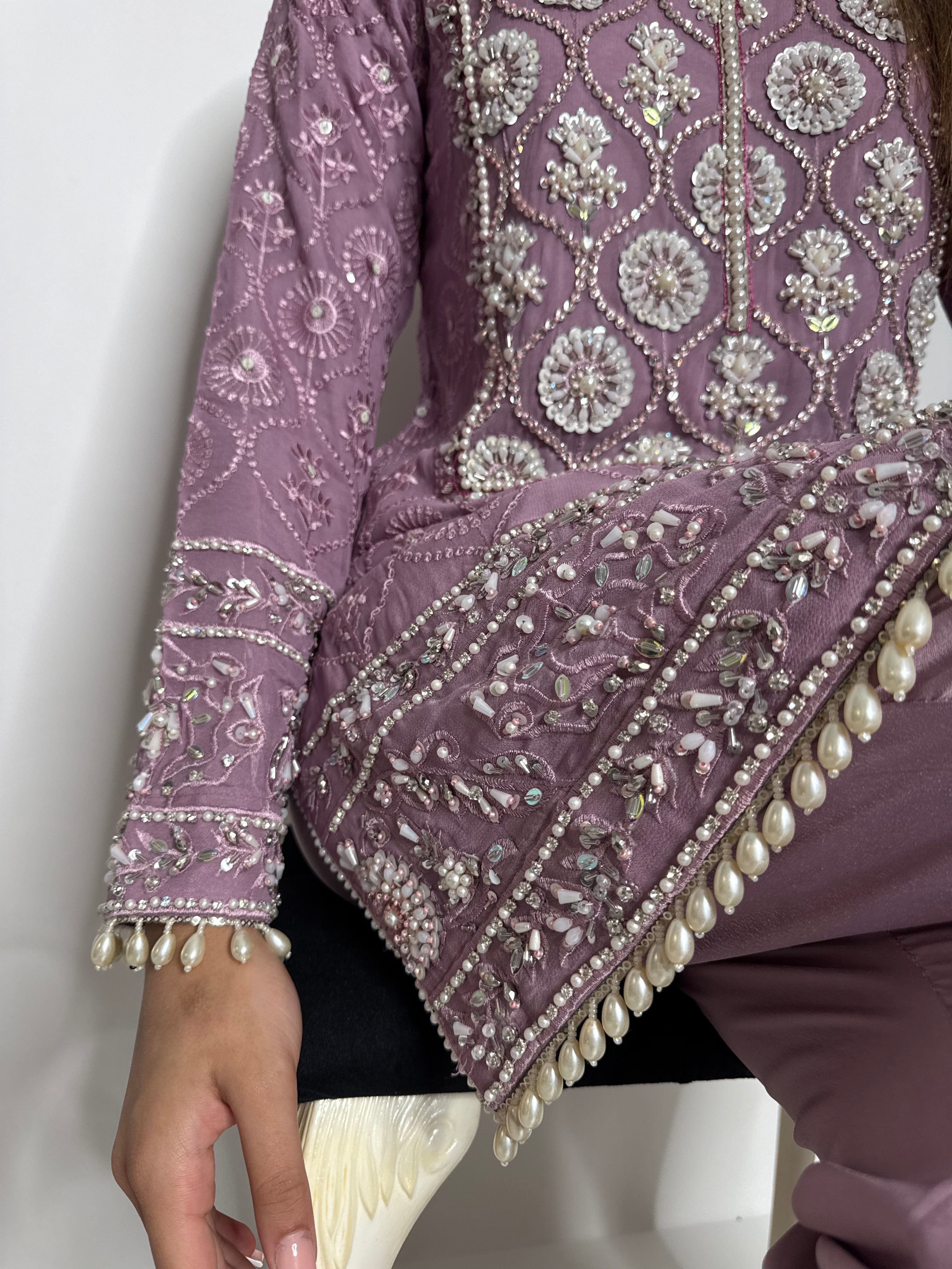 AYZEL | LUXURY PAKISTANI DUSTY MAUVE HAND EMBROIDERED 3 PIECE SUIT UK | WEDDING GUEST, EID & PARTY WEAR