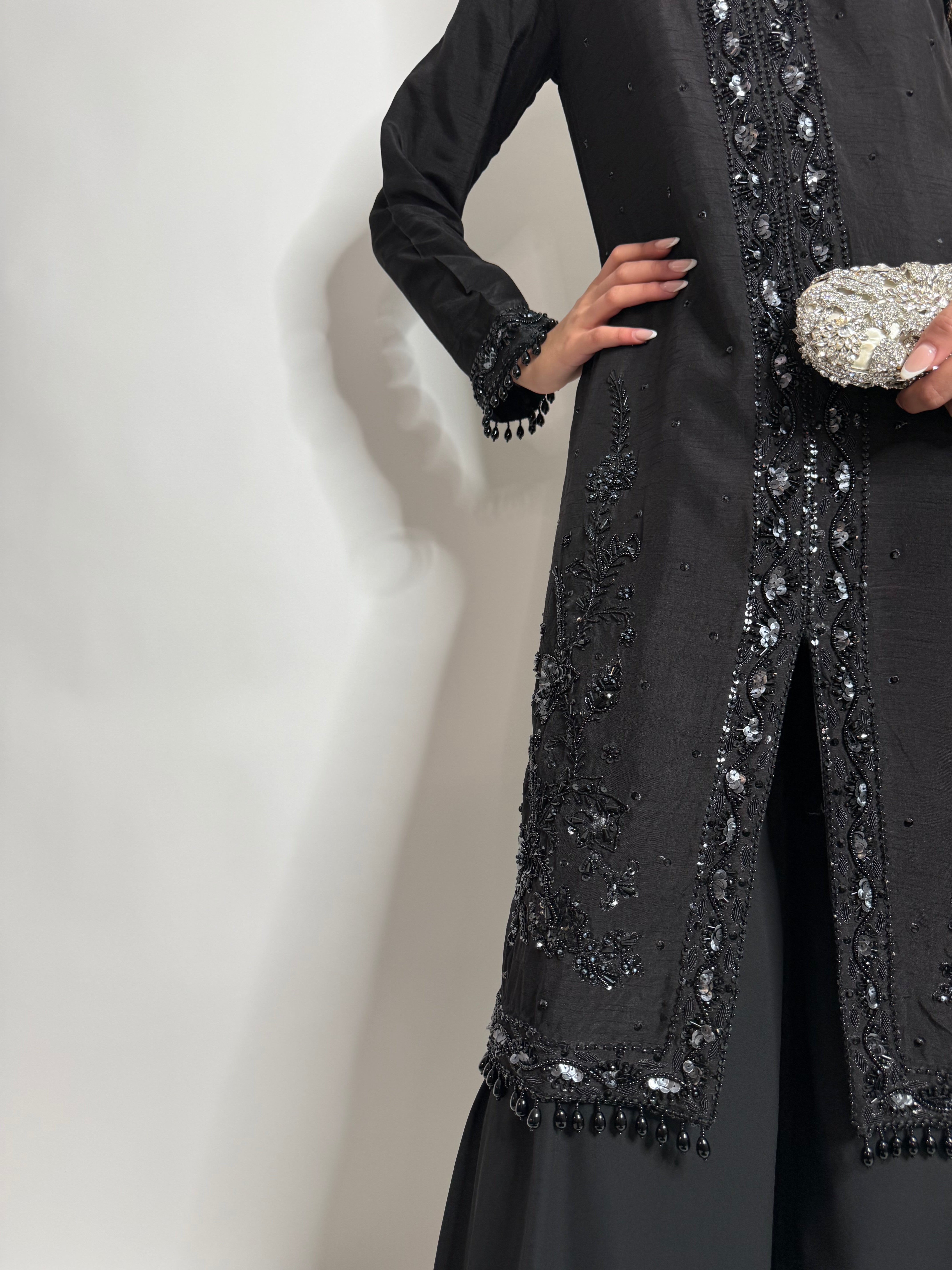 BLACK EMBELLISHED CHIFFON SHARARA THREE PIECE SUIT UK | THE NOIRÉLLE