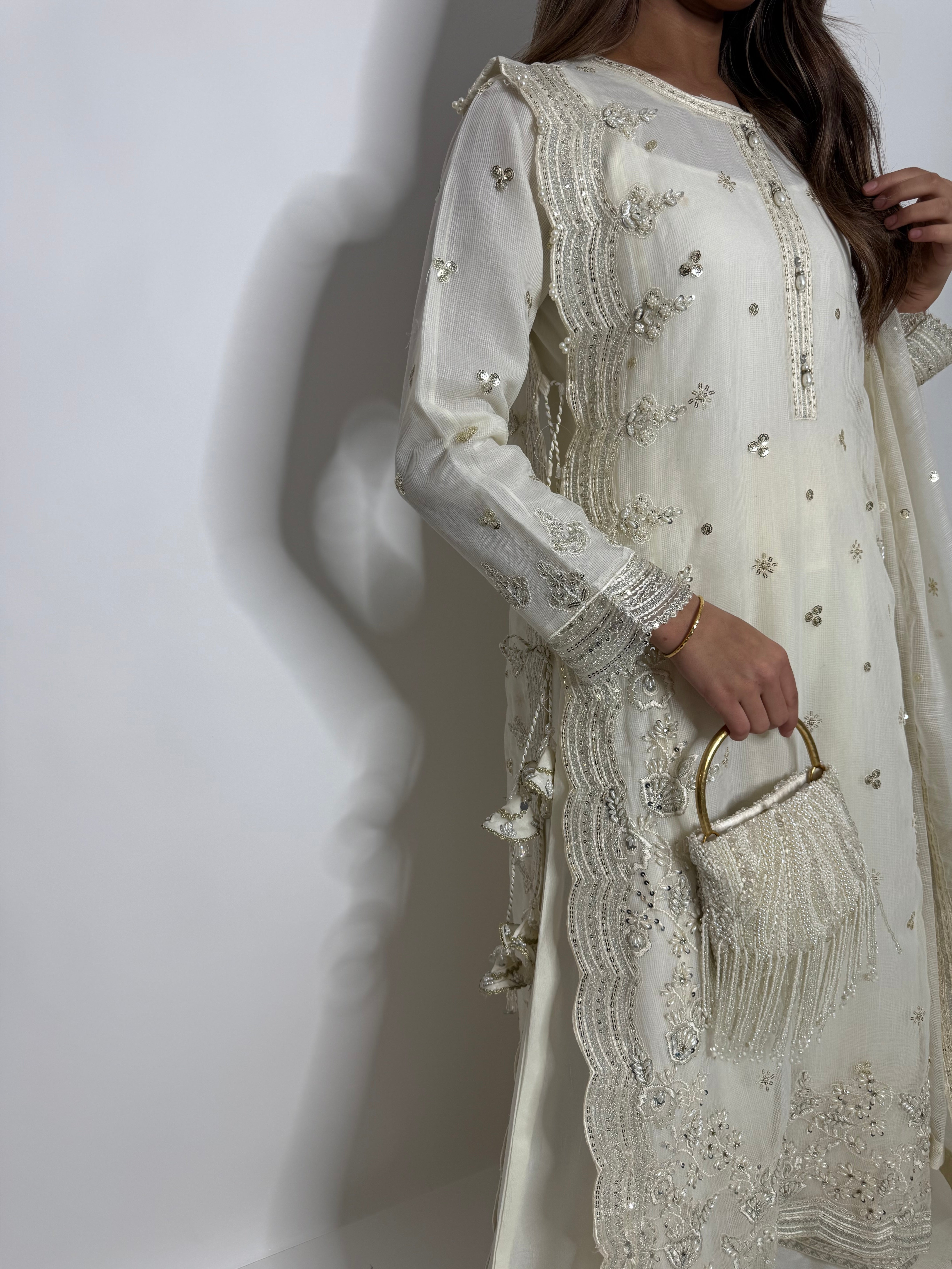 IVORY KHADI NET EMBROIDERED THREE PIECE SUIT UK | THE LYSANDRA