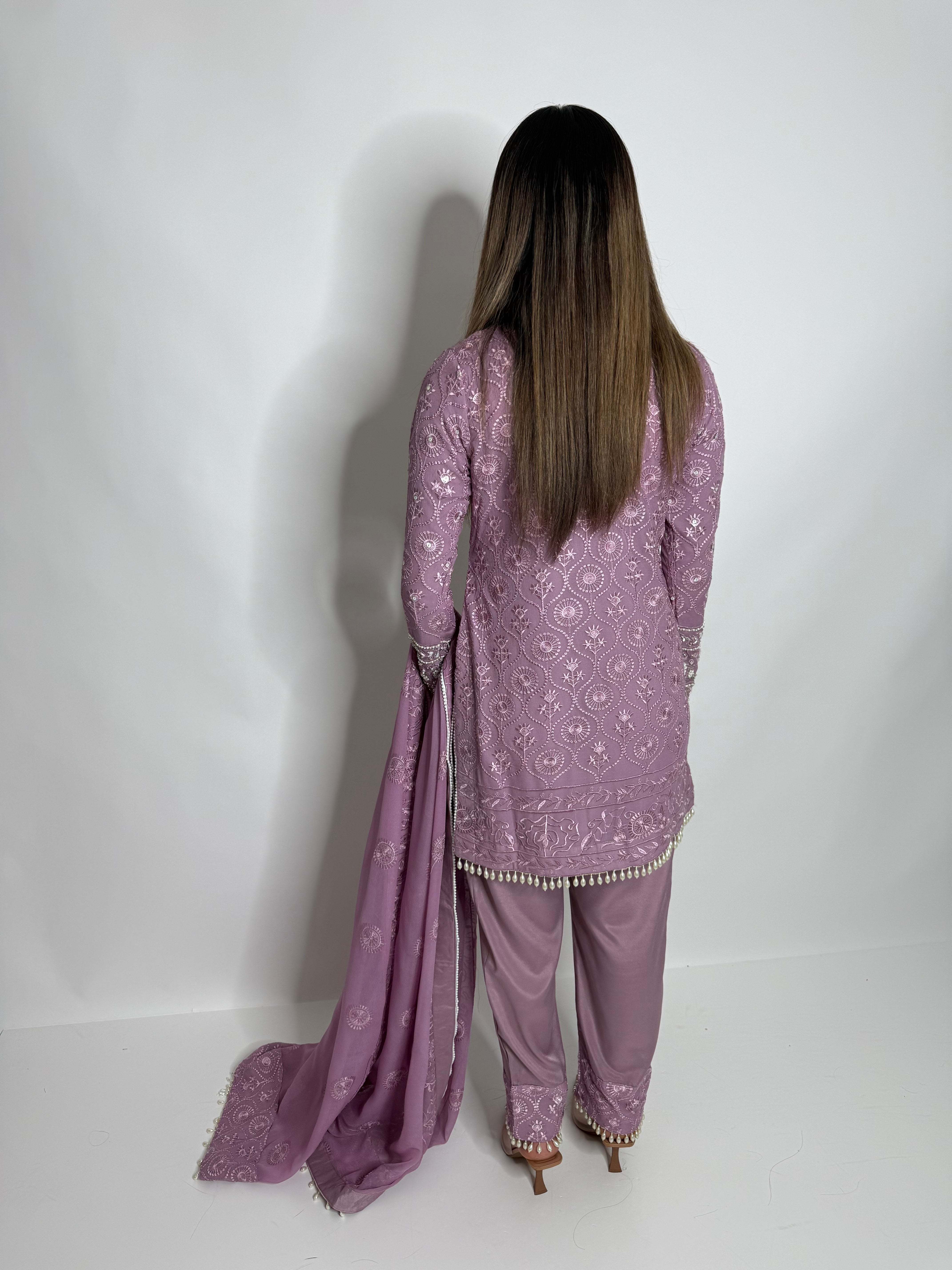 AYZEL | LUXURY PAKISTANI DUSTY MAUVE HAND EMBROIDERED 3 PIECE SUIT UK | WEDDING GUEST, EID & PARTY WEAR