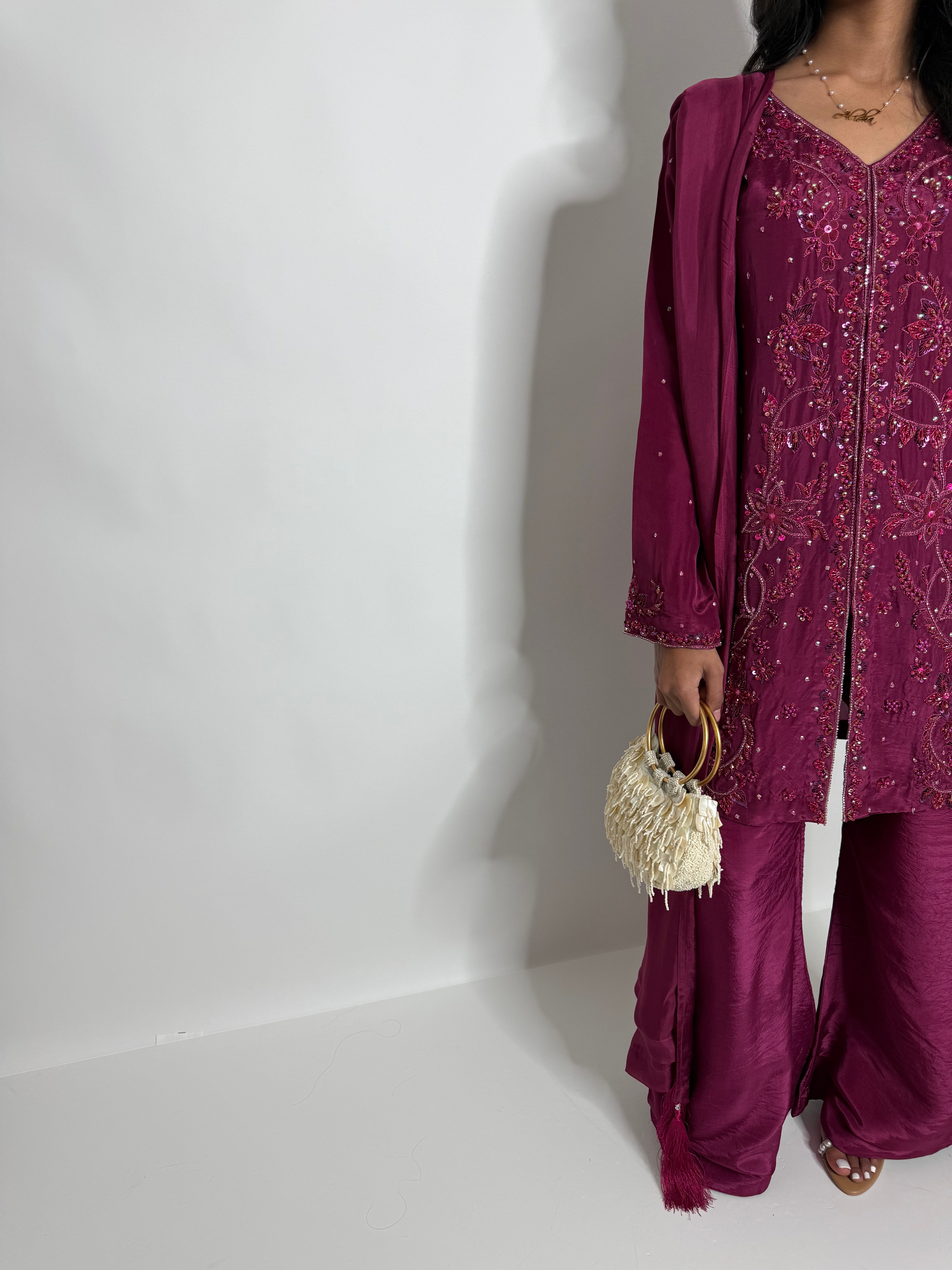 Mahveen | Luxury Pakistani Magenta Silk Sharara Suit UK | Hand Embroidered Wedding Guest & Eid Occasion Wear