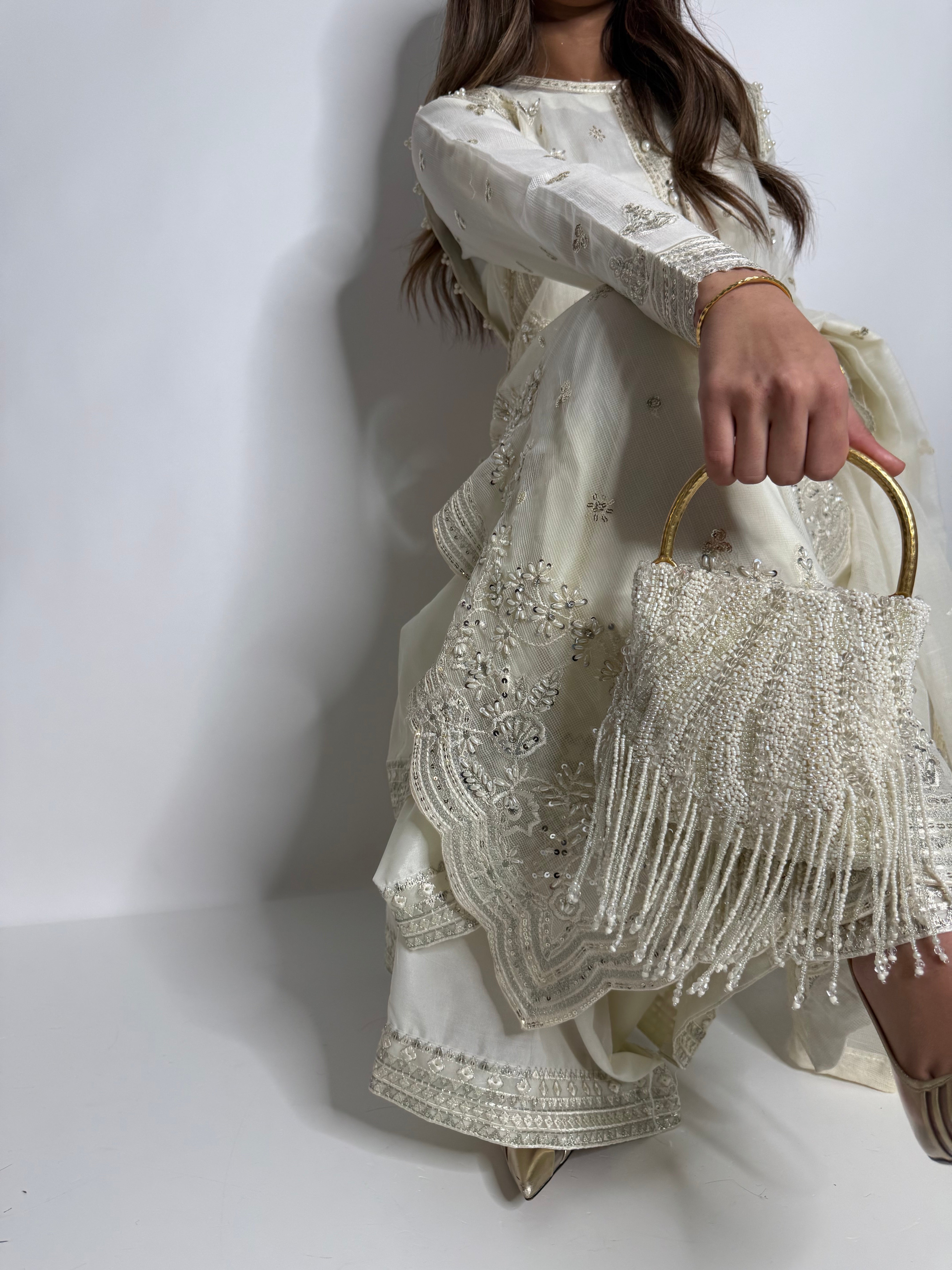 IVORY KHADI NET EMBROIDERED THREE PIECE SUIT UK | THE LYSANDRA