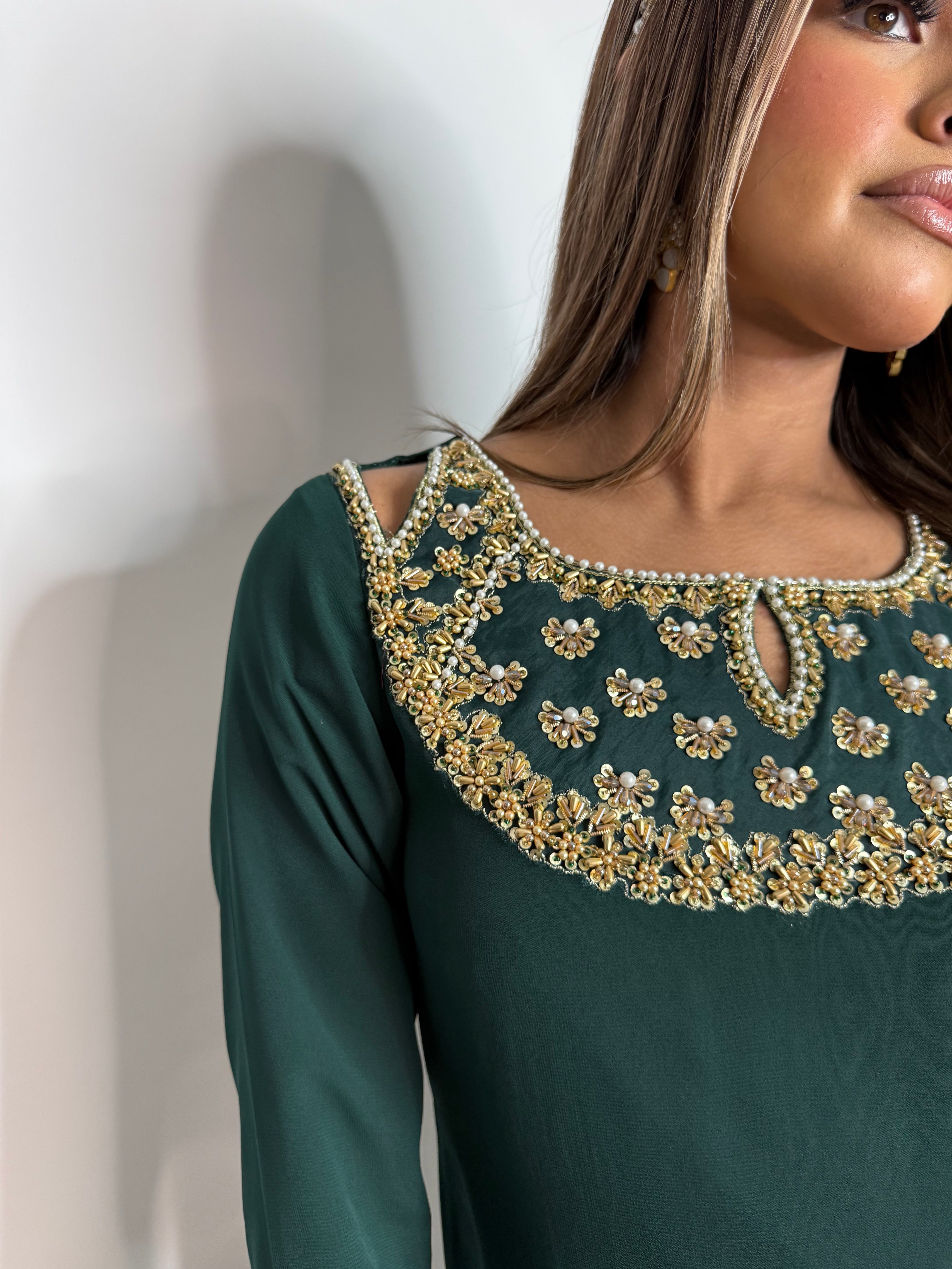 Emerald Chiffon Sharara Three Piece Suit UK | The Kaelisse