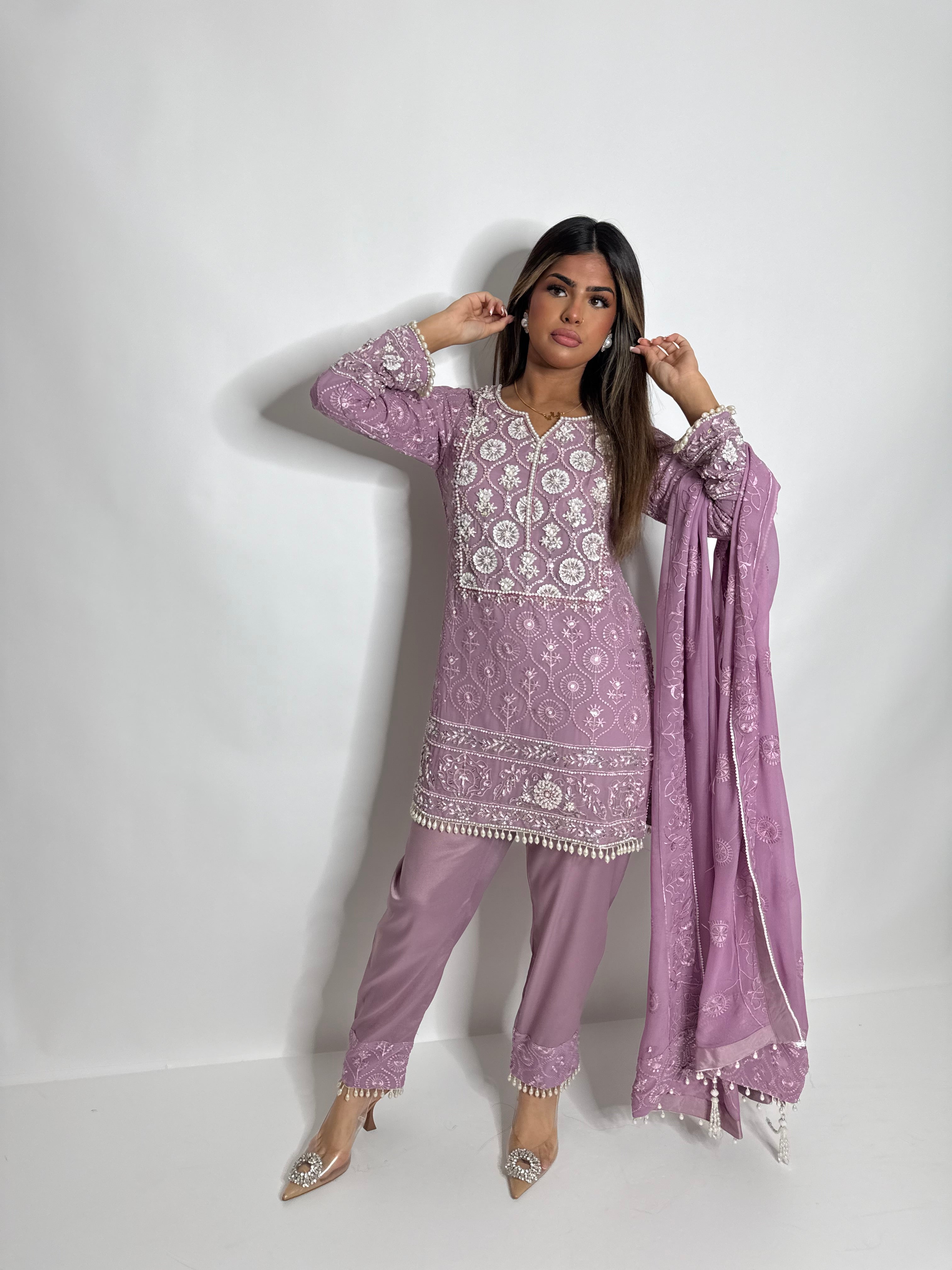 AYZEL | LUXURY PAKISTANI DUSTY MAUVE HAND EMBROIDERED 3 PIECE SUIT UK | WEDDING GUEST, EID & PARTY WEAR