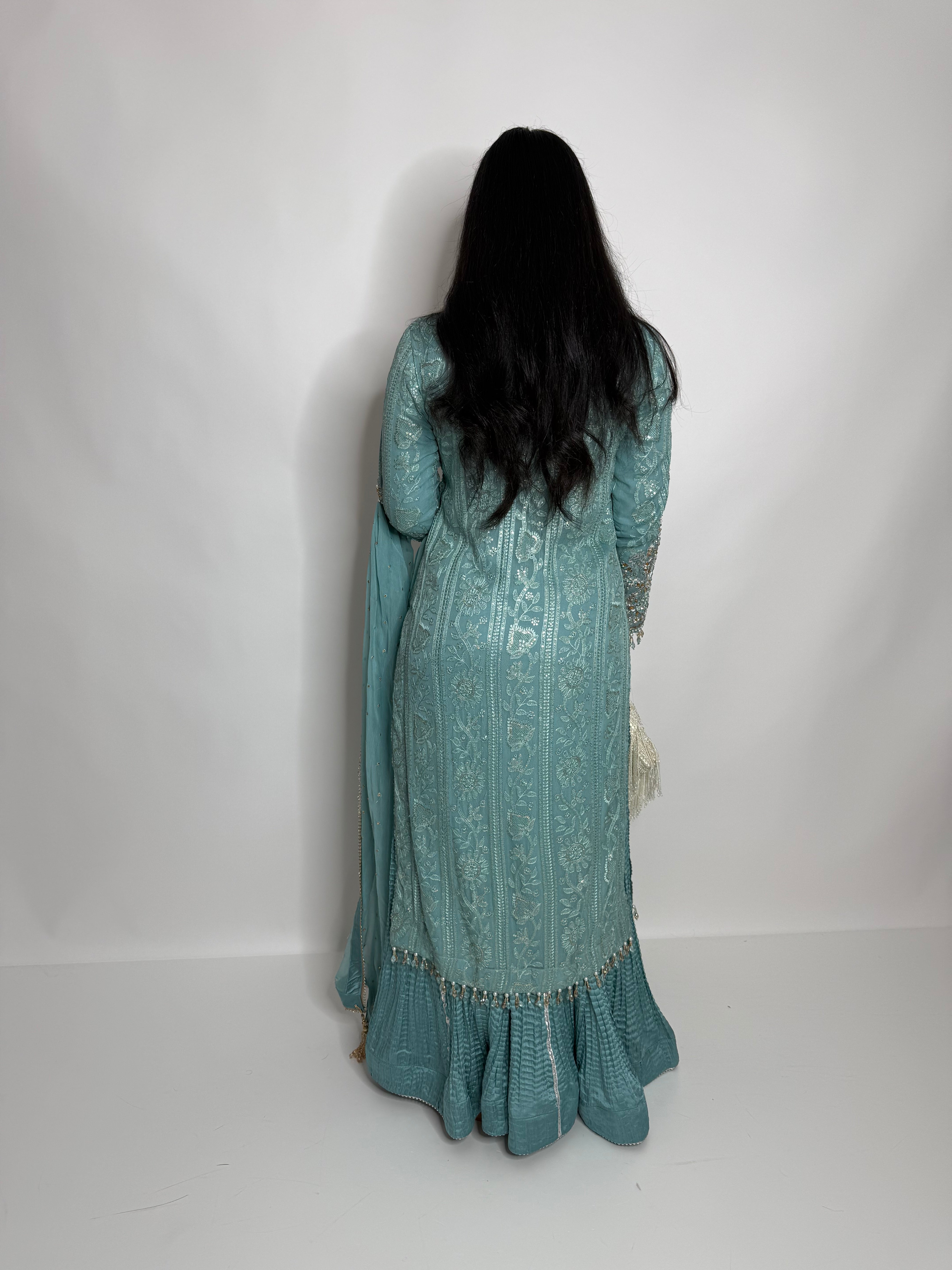 MINT GREEN CHIKANKARI SHARARA THREE PIECE SUIT UK | THE AZMIRA