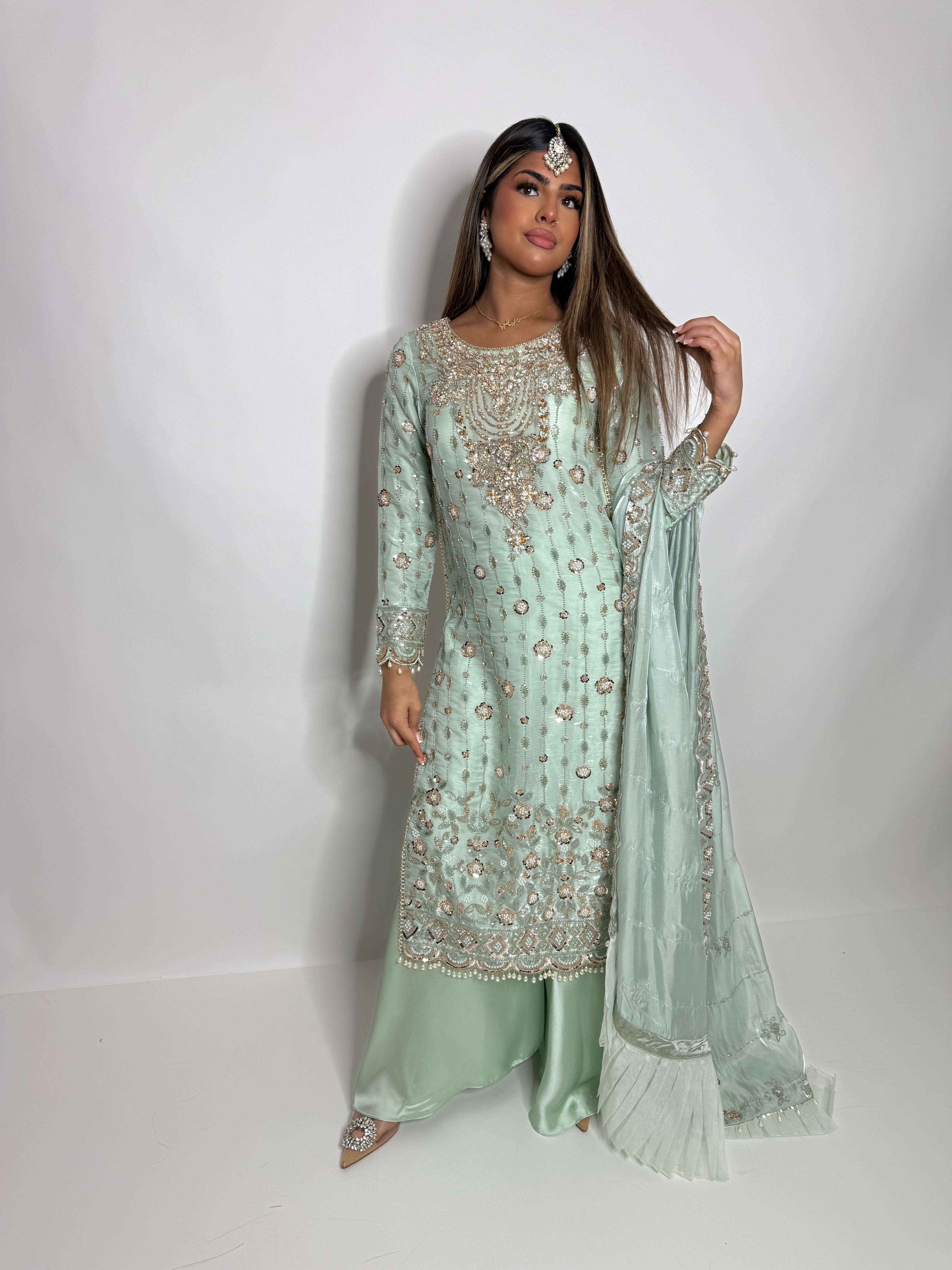 Parizay | Luxury Pakistani Mint Hand Embroidered Silk Sharara Suit UK | Eid, Wedding Guest & Party Wear