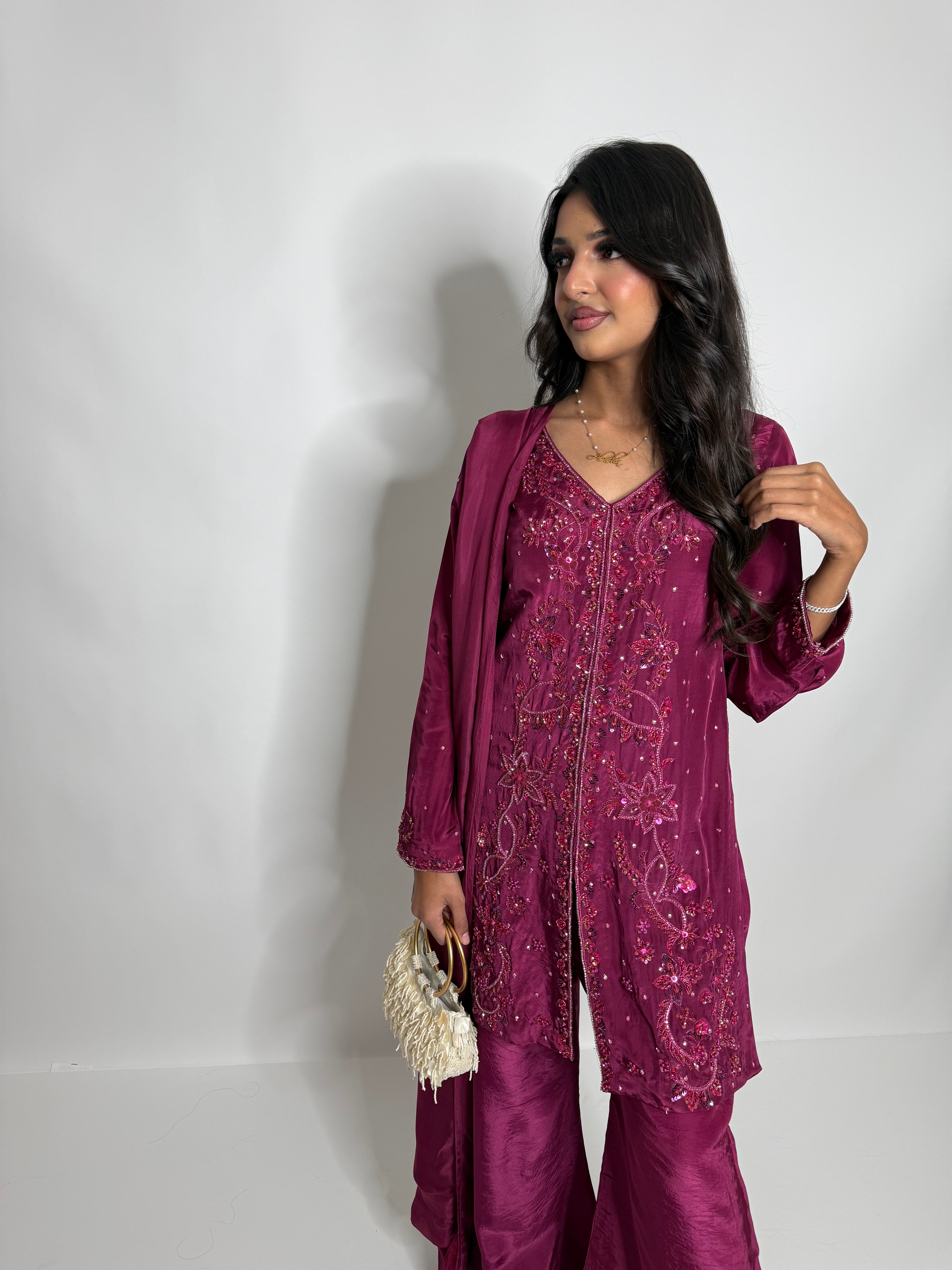 Mahveen | Luxury Pakistani Magenta Silk Sharara Suit UK | Hand Embroidered Wedding Guest & Eid Occasion Wear