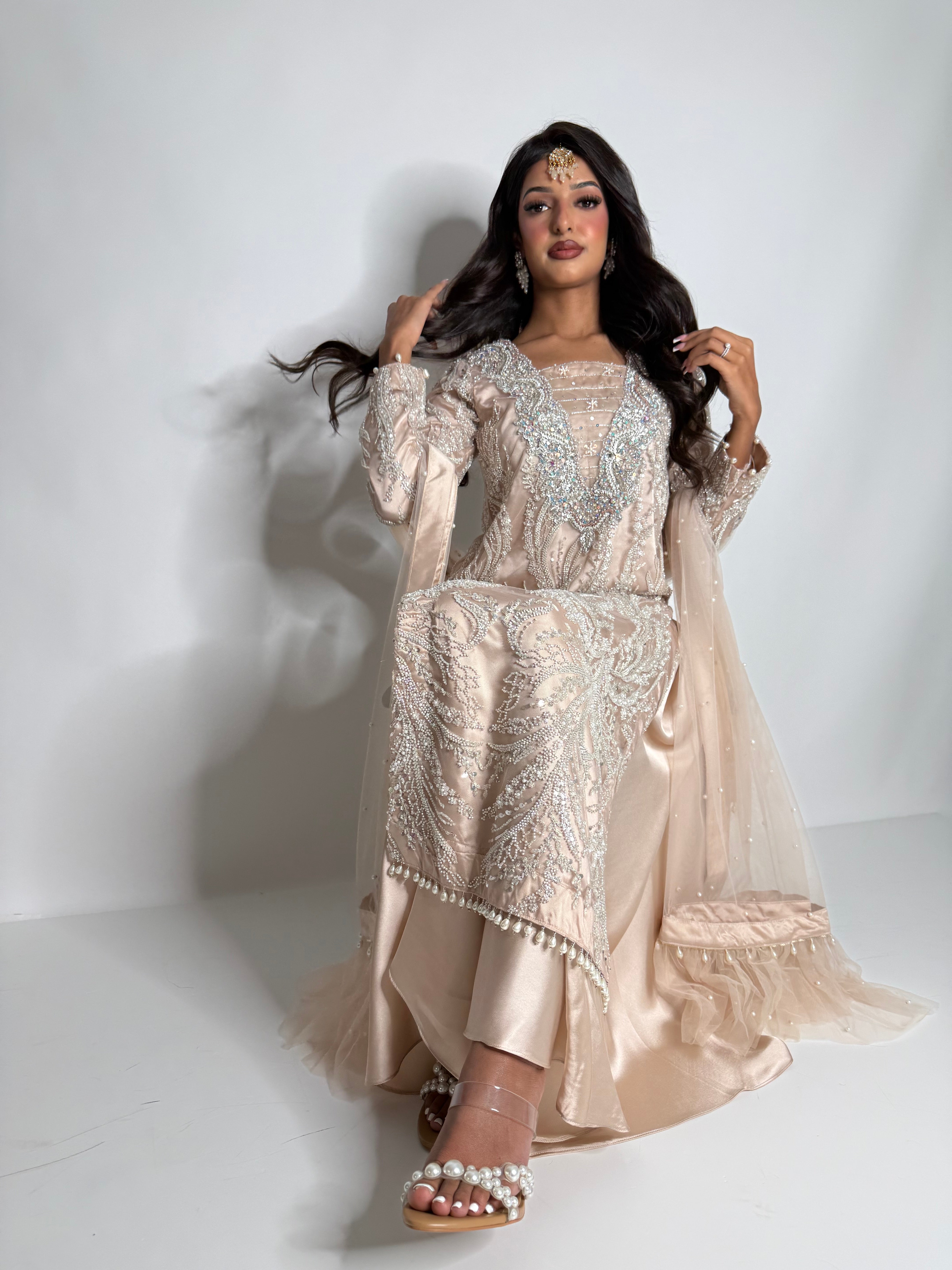 Nooré | Luxury Pakistani Nude Hand Embellished Sharara Suit UK