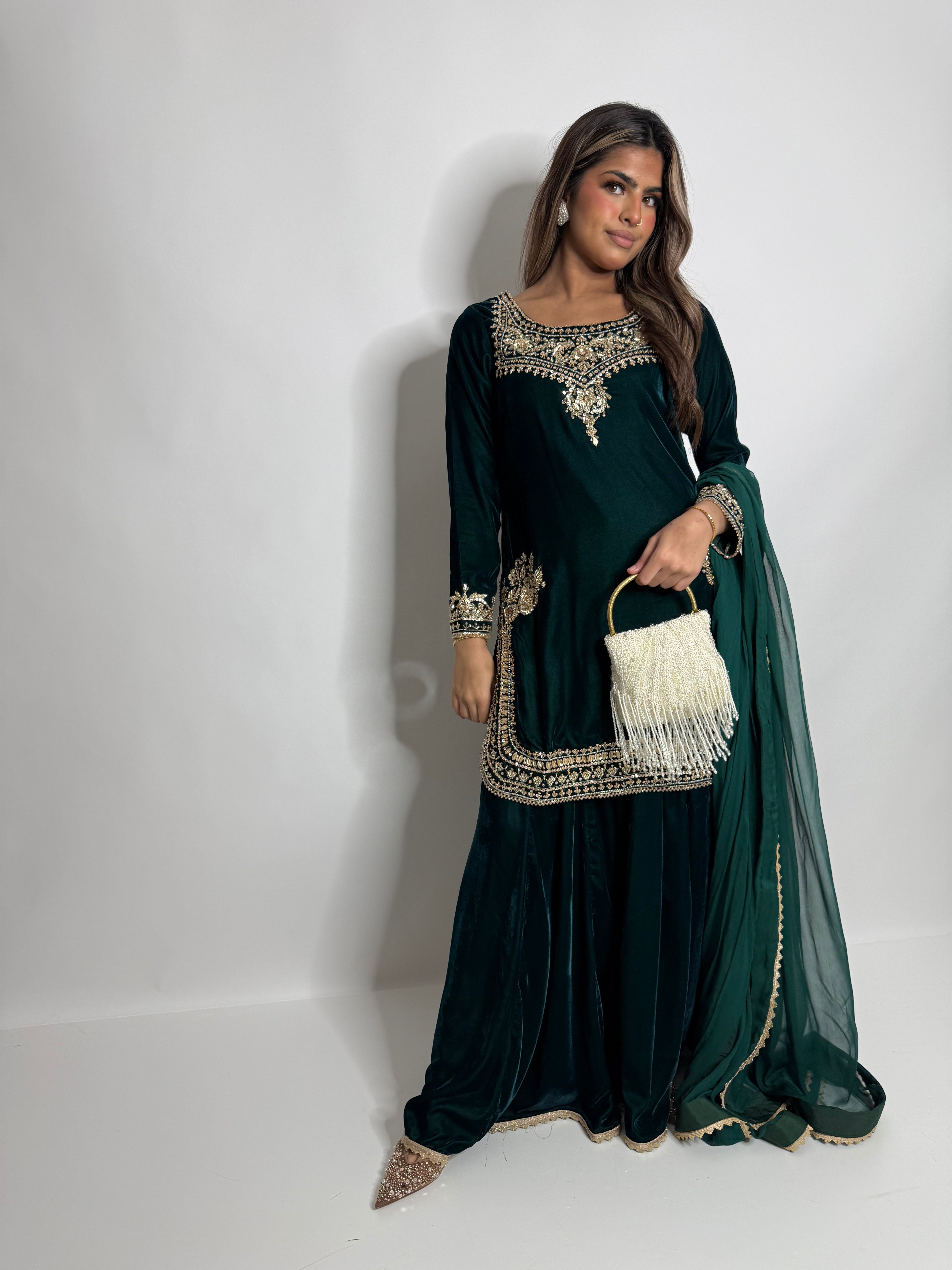 EMERALD MICRO VELVET SHARARA THREE PIECE SUIT UK | THE VARELLA