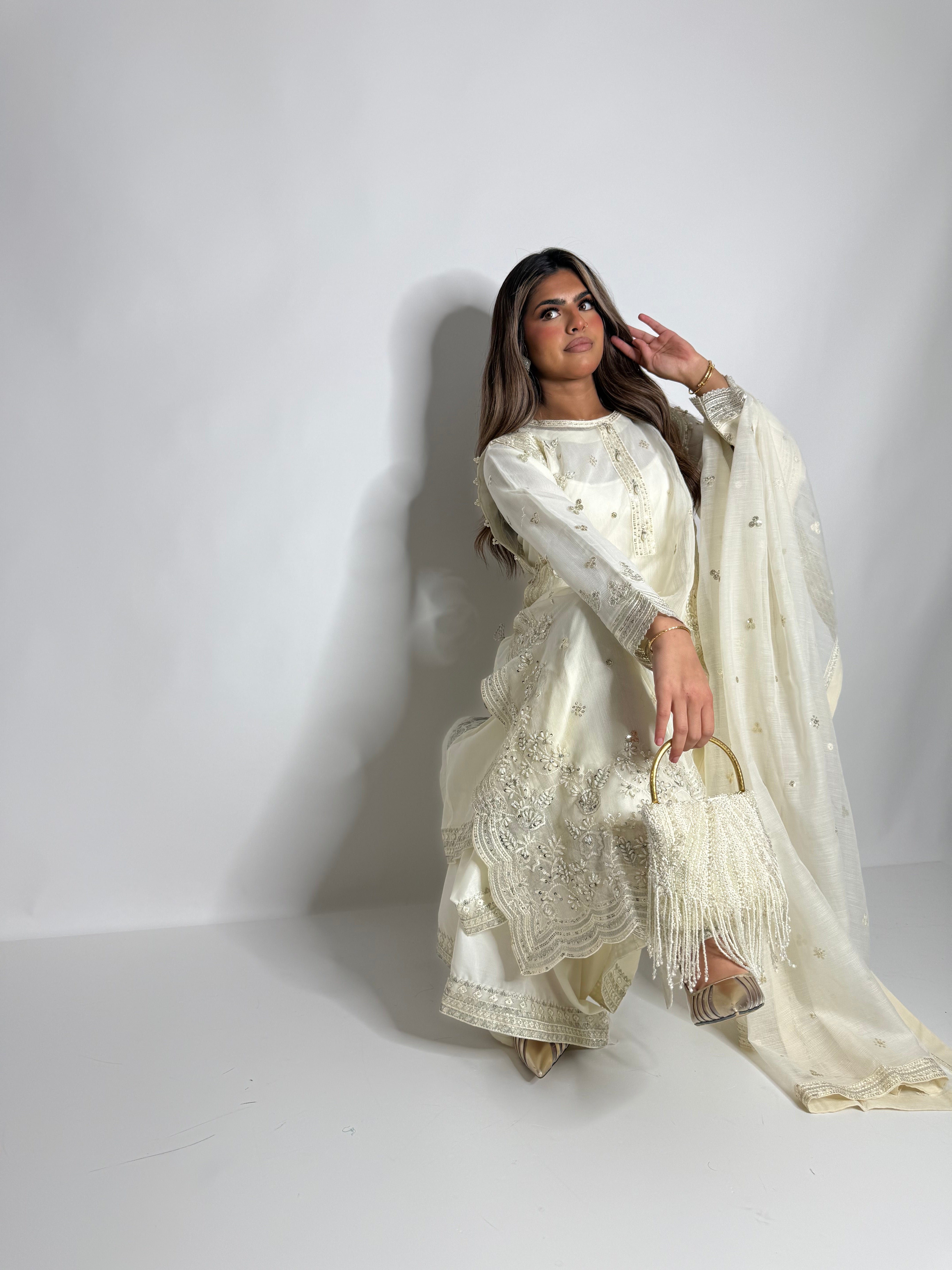 IVORY KHADI NET EMBROIDERED THREE PIECE SUIT UK | THE LYSANDRA