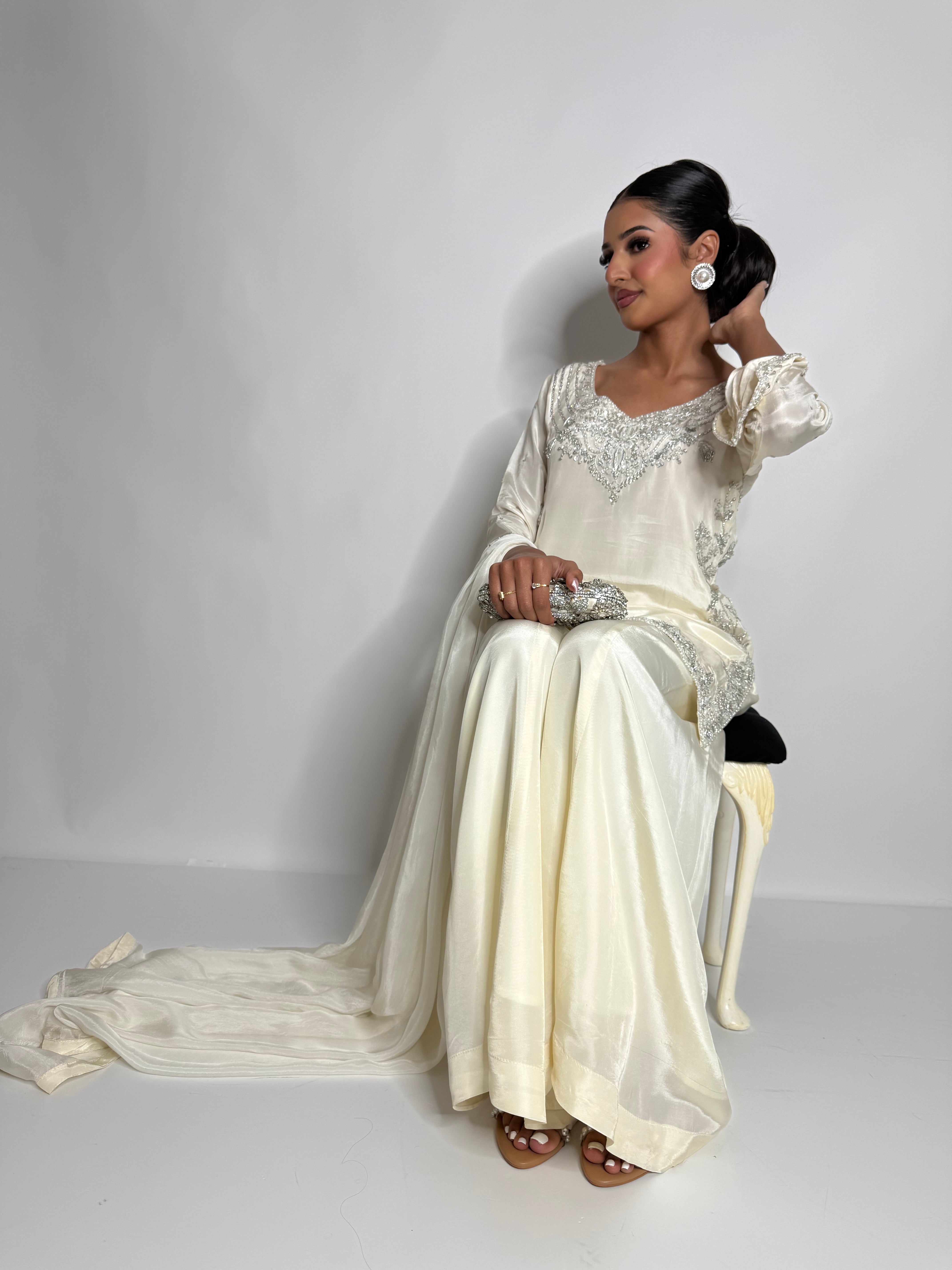 Elira | Luxury Pakistani Ivory Silk Sharara Suit UK | Y2K Wedding Guest Outfit