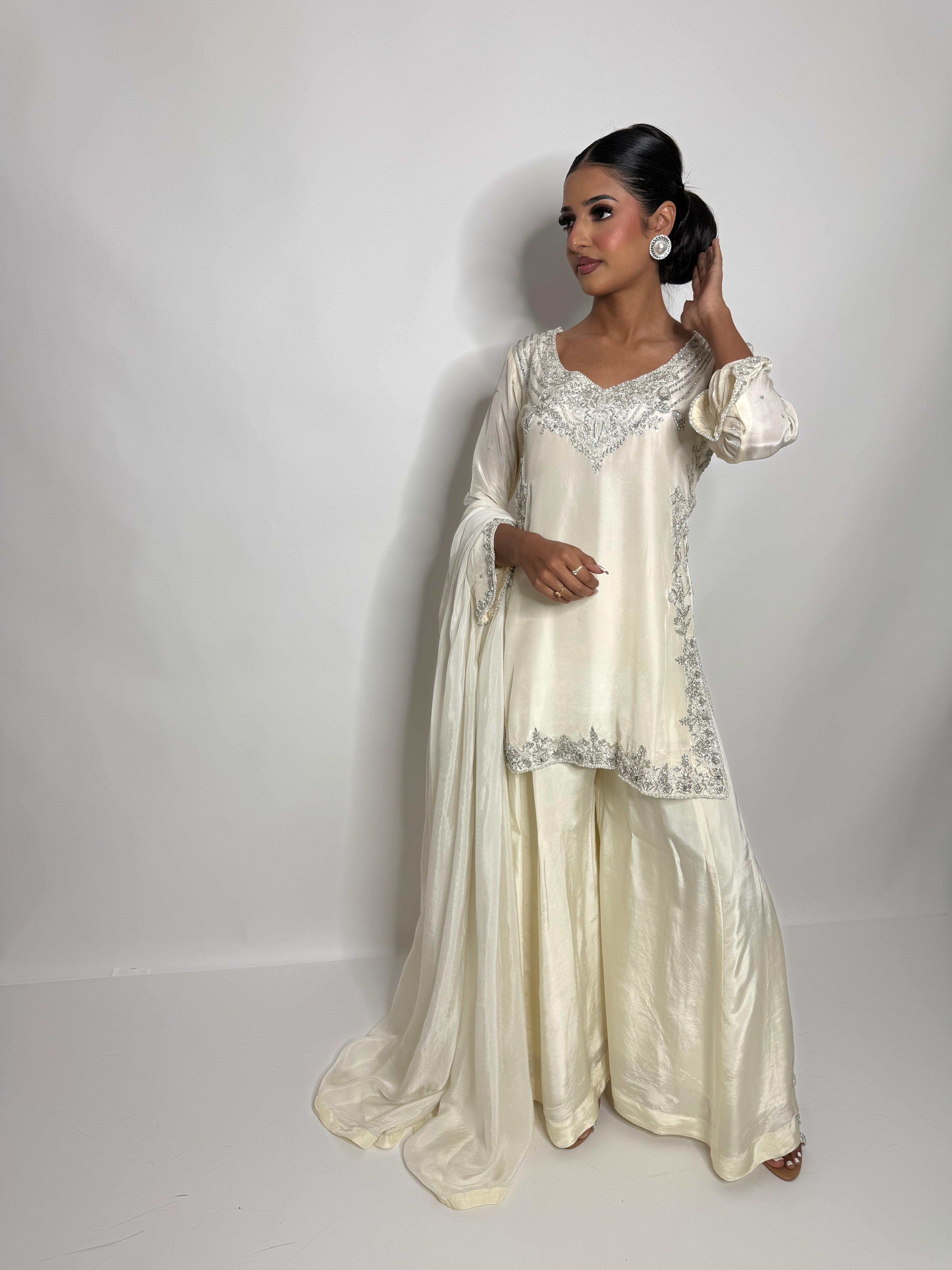Elira | Luxury Pakistani Ivory Silk Sharara Suit UK | Y2K Wedding Guest Outfit