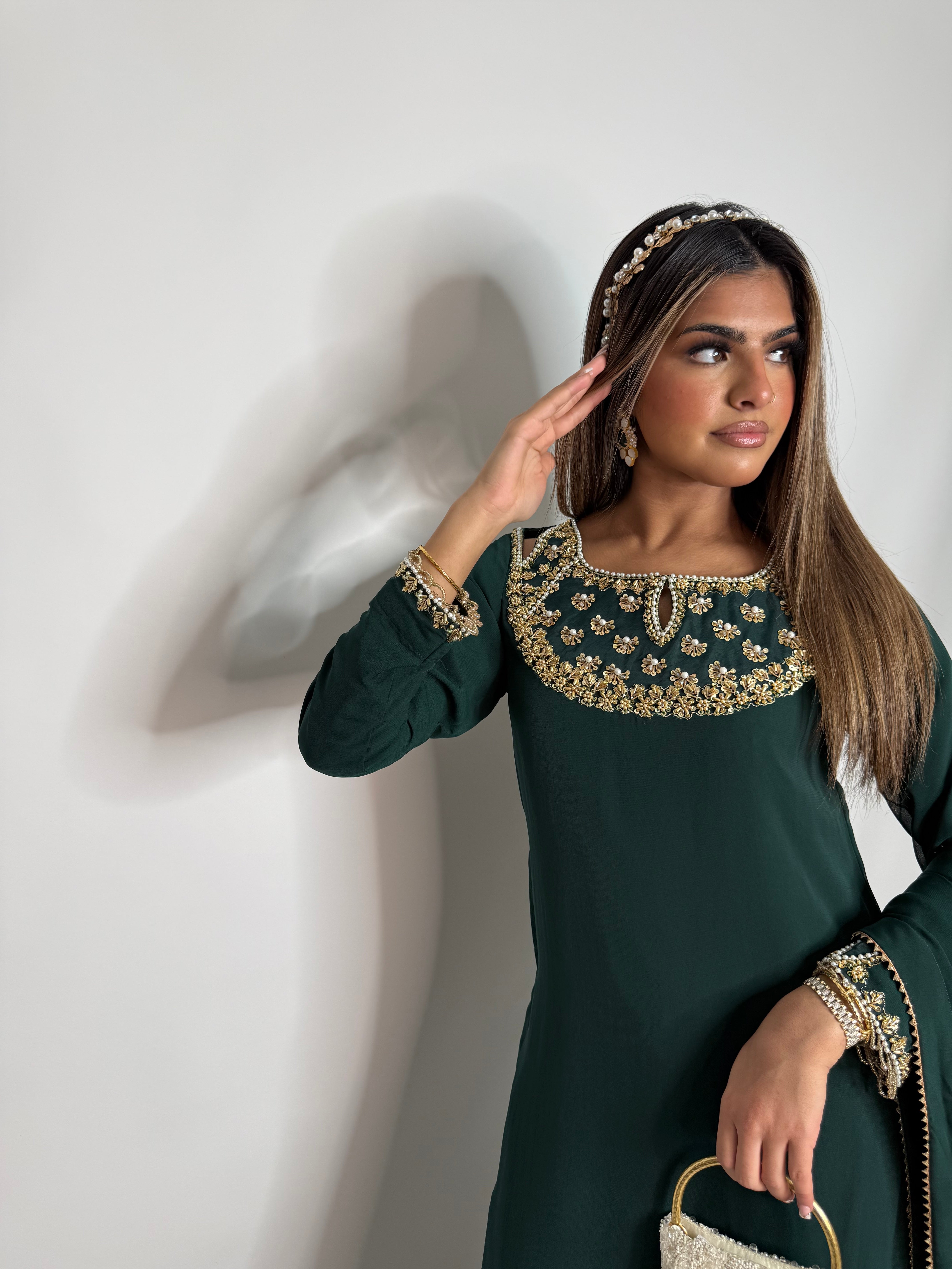 Emerald Chiffon Sharara Three Piece Suit UK | The Kaelisse