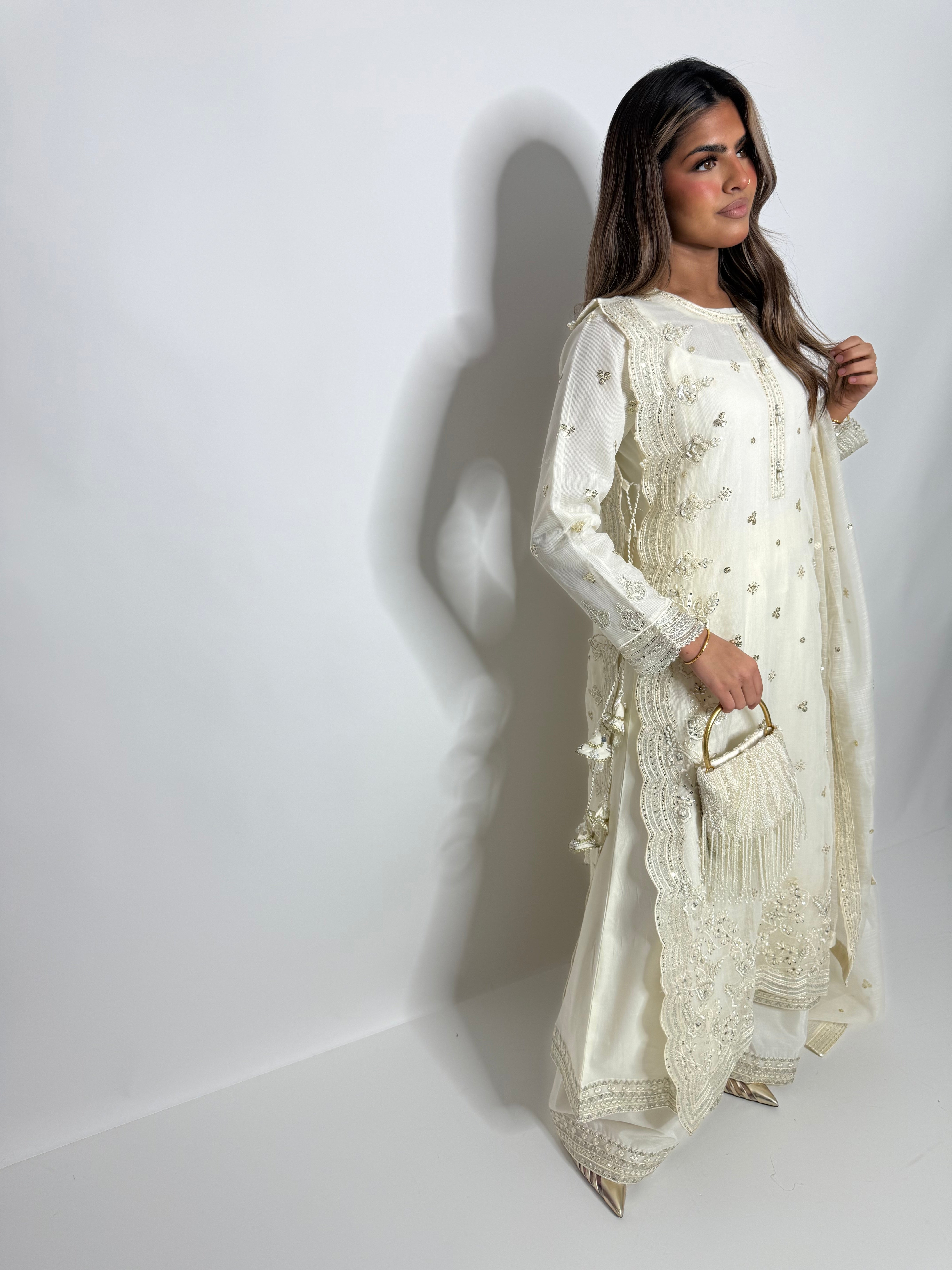 IVORY KHADI NET EMBROIDERED THREE PIECE SUIT UK | THE LYSANDRA