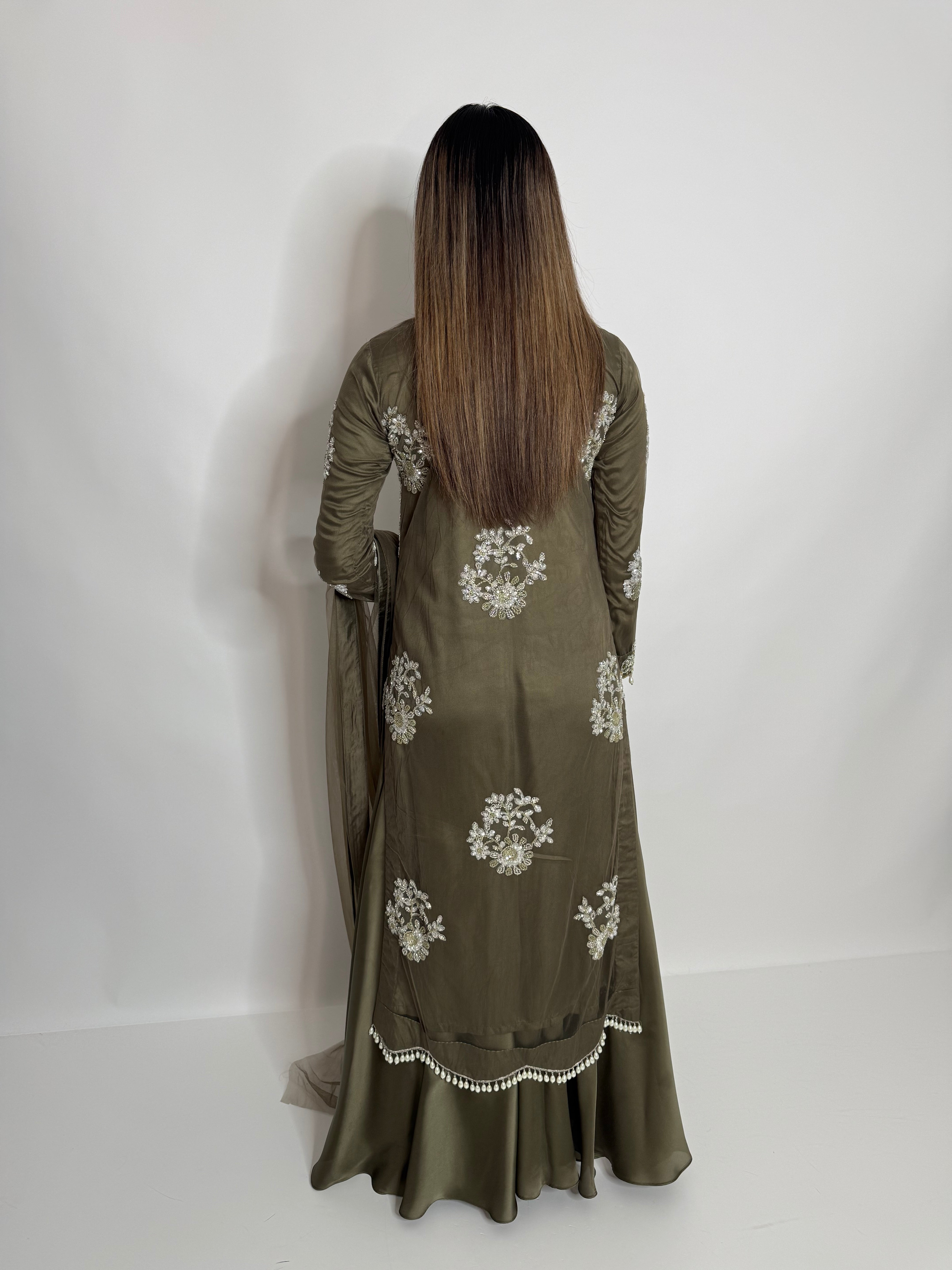 Olive Luxe Embroidered Sharara Suit UK | The Arlisse