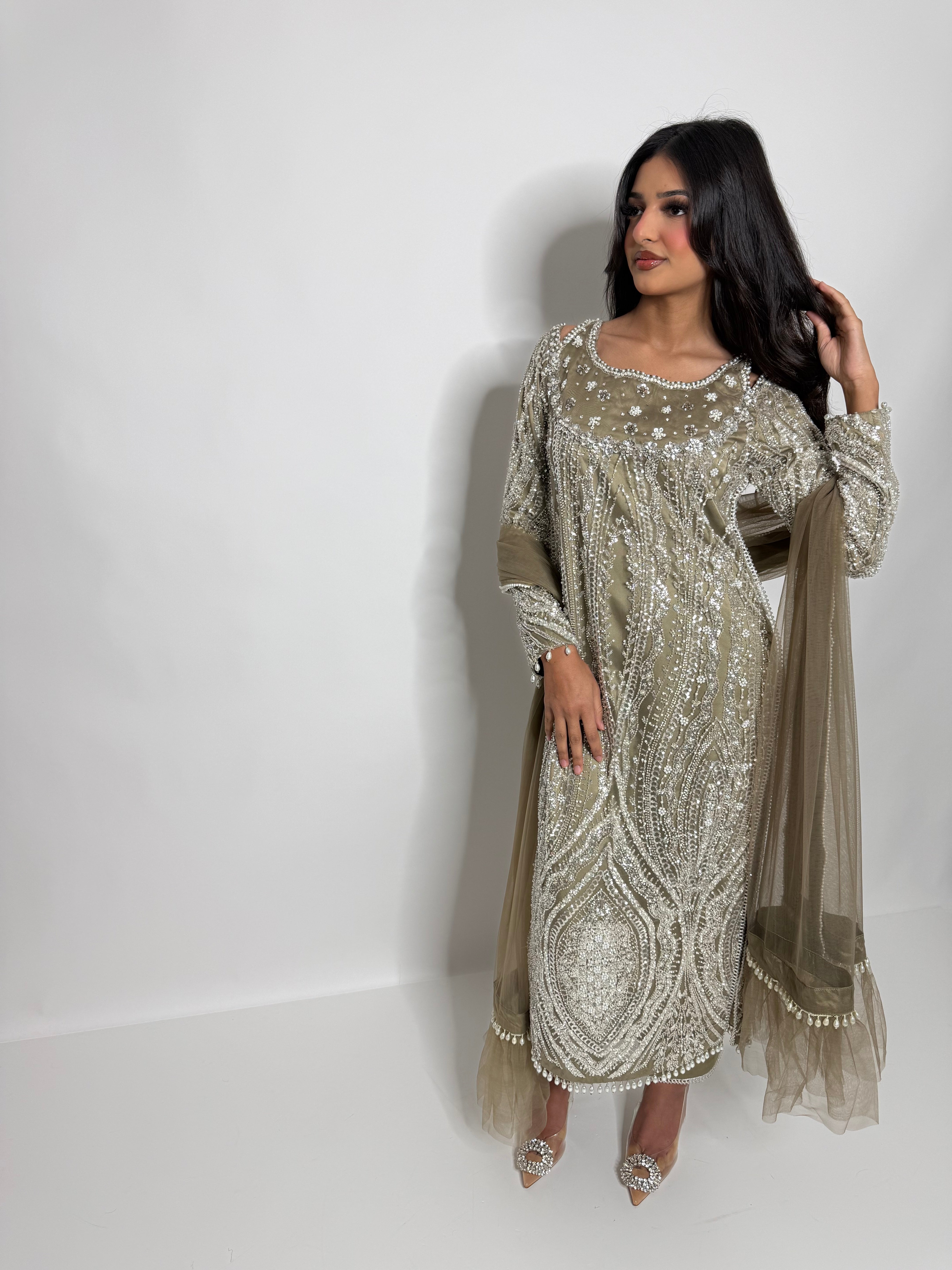 Olive Cutdana Embroidered Three Piece Suit UK | The Celestielle