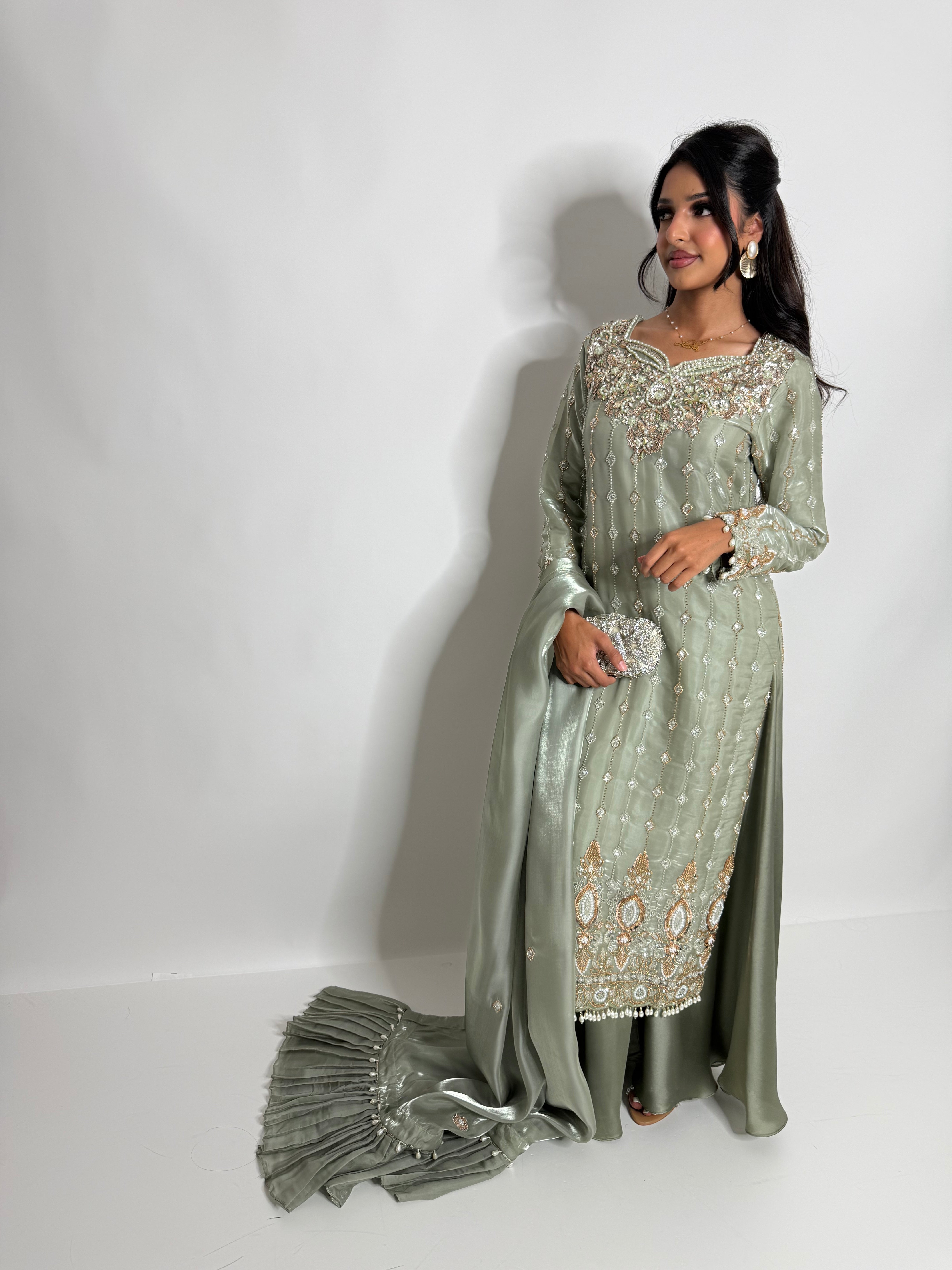 MAHZABIN | Sage Silk Sharara with Cutdana Embroidery