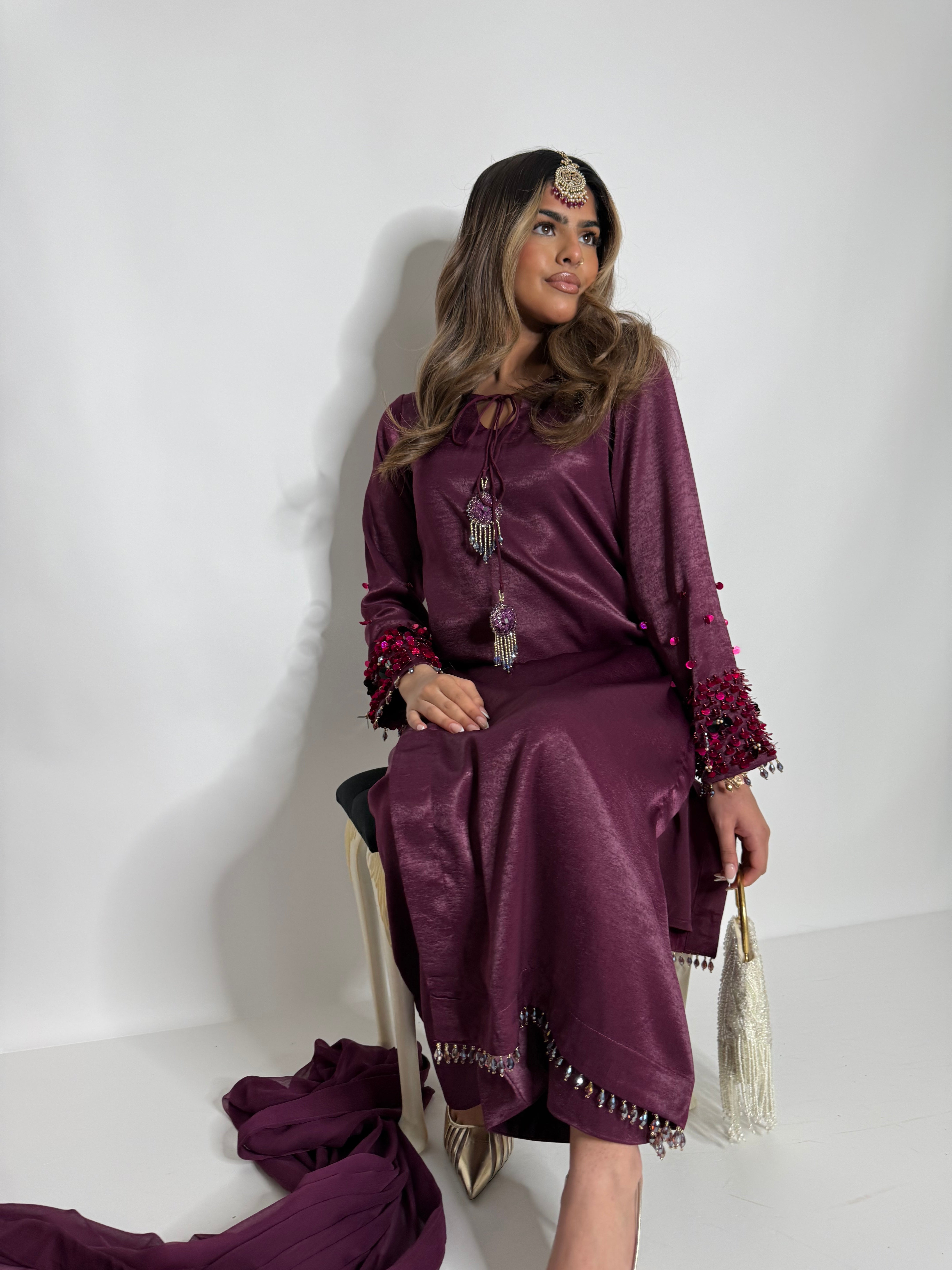 PLUM SILK THREE PIECE SUIT UK | THE MAHIRA VÉLOUR