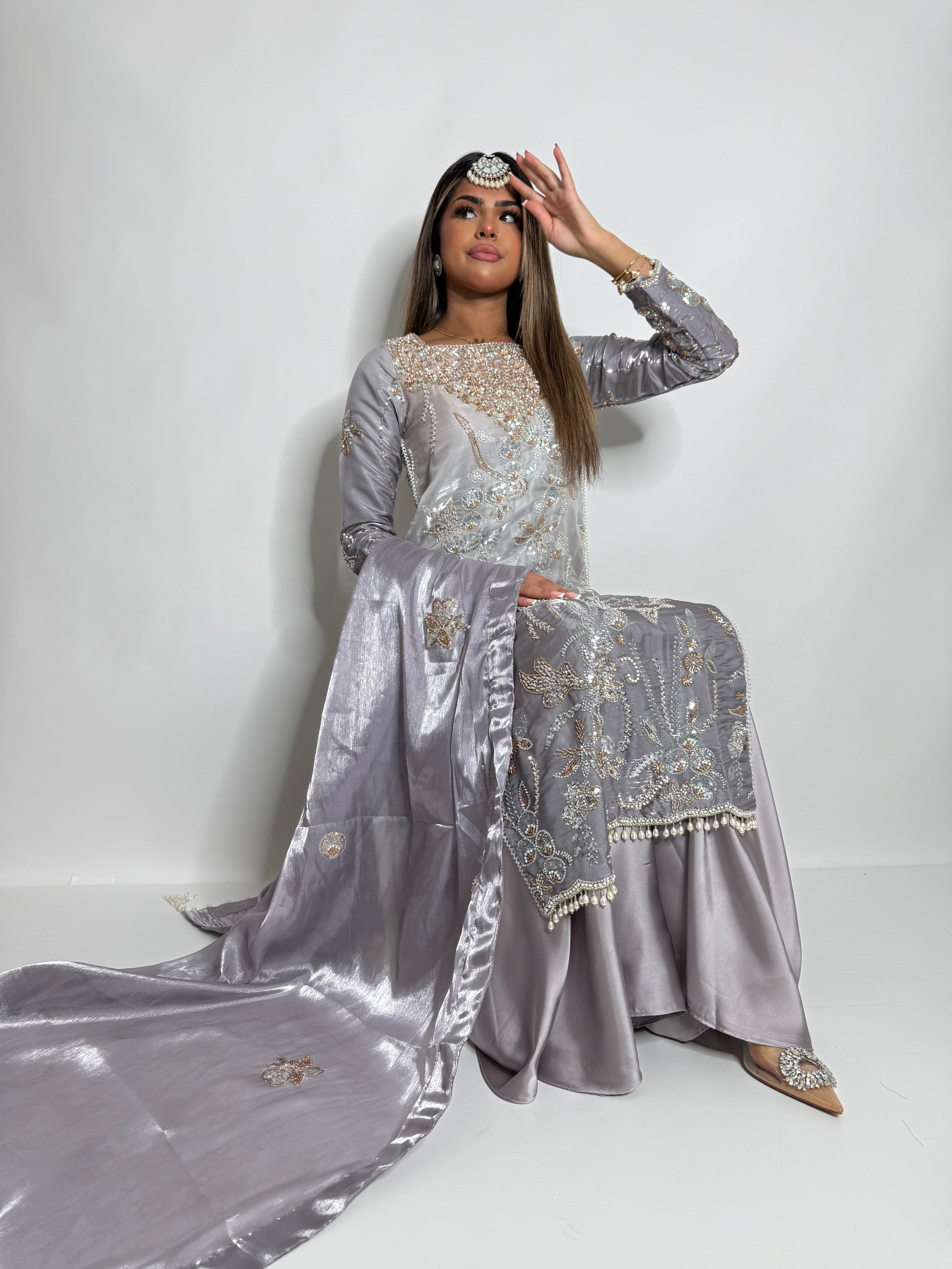 FALAK ARA | LUXURY PAKISTANI SOFT LAVENDER HAND EMBROIDERED SILK SHARARA SUIT UK | WEDDING GUEST, EID & PARTY WEAR