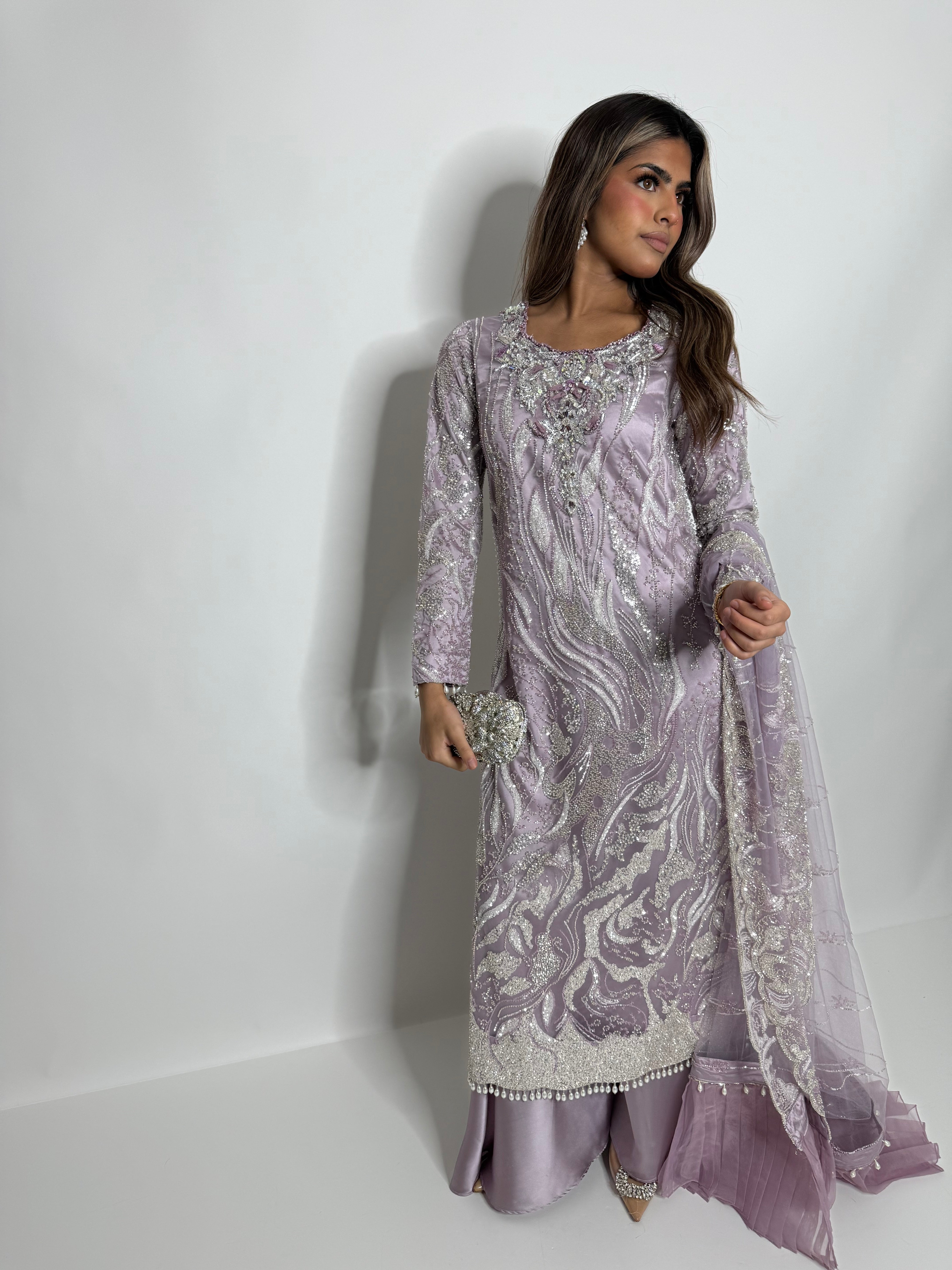 Lilac Cutdana Sharara Three Piece Suit UK | The Valerienne