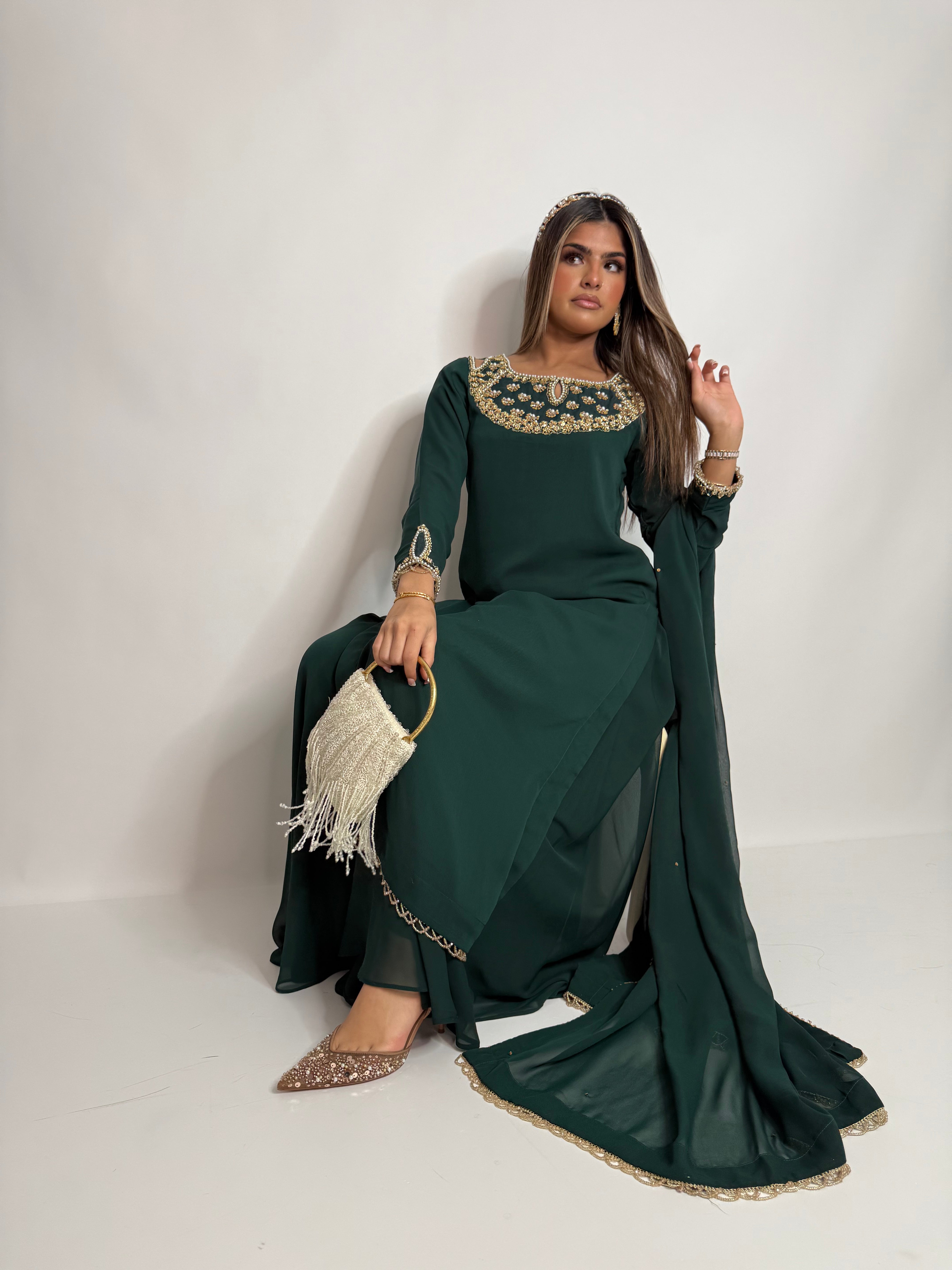 Emerald Chiffon Sharara Three Piece Suit UK | The Kaelisse