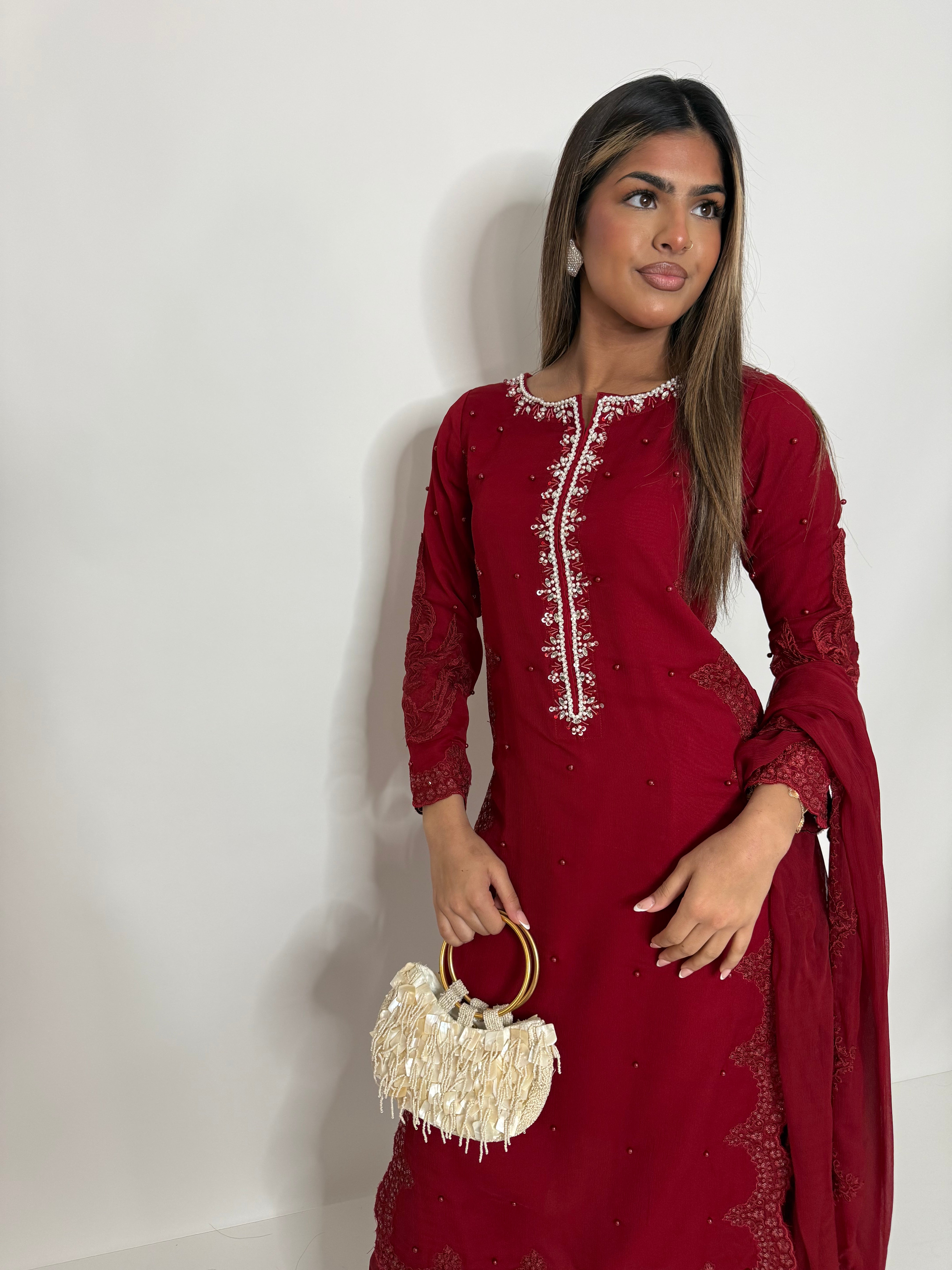 RED EMBROIDERED THREE PIECE SUIT UK | THE AMARA RUE