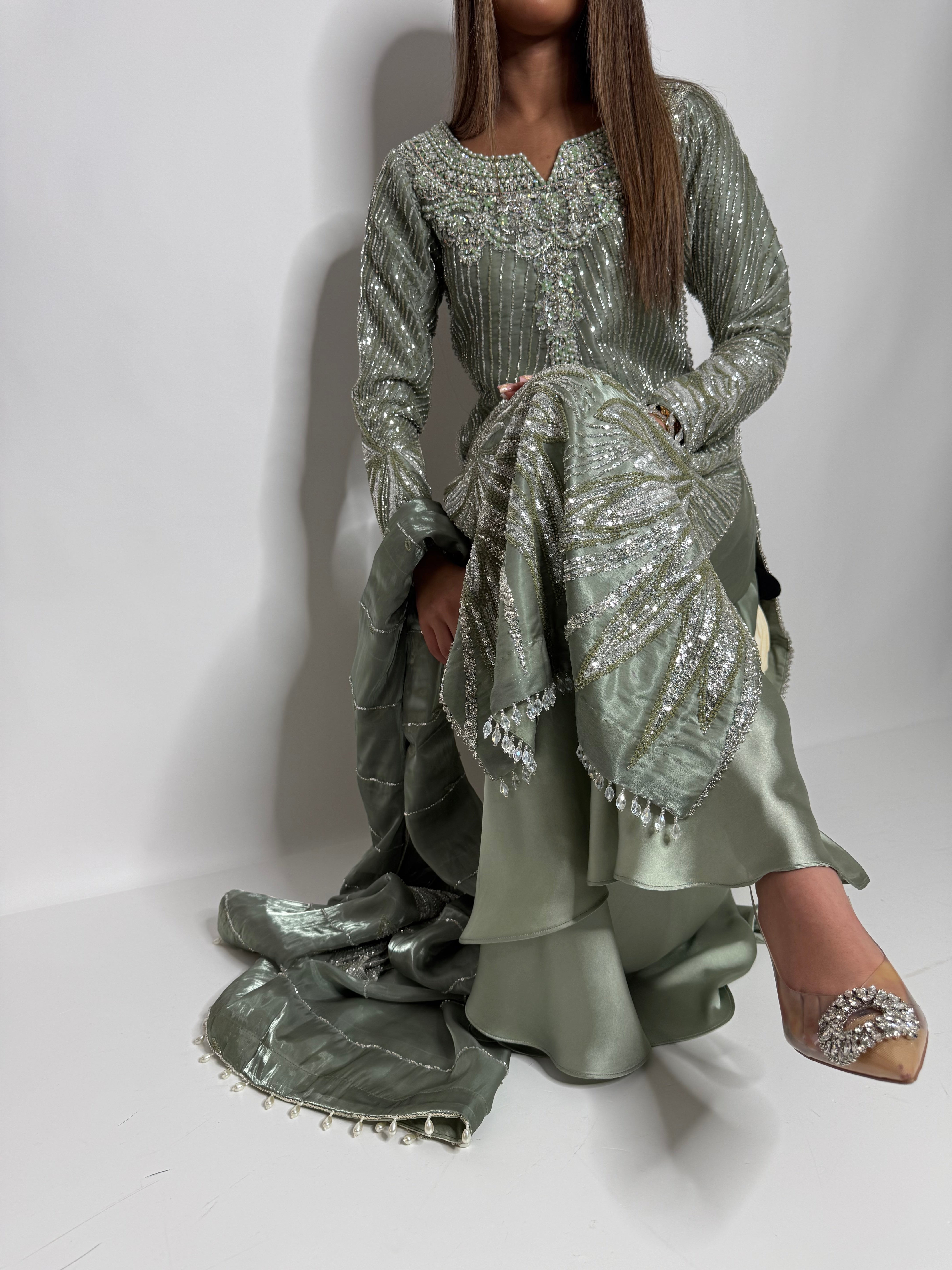 Sage Green Cutdana Silk Sharara Suit UK | The Maelis