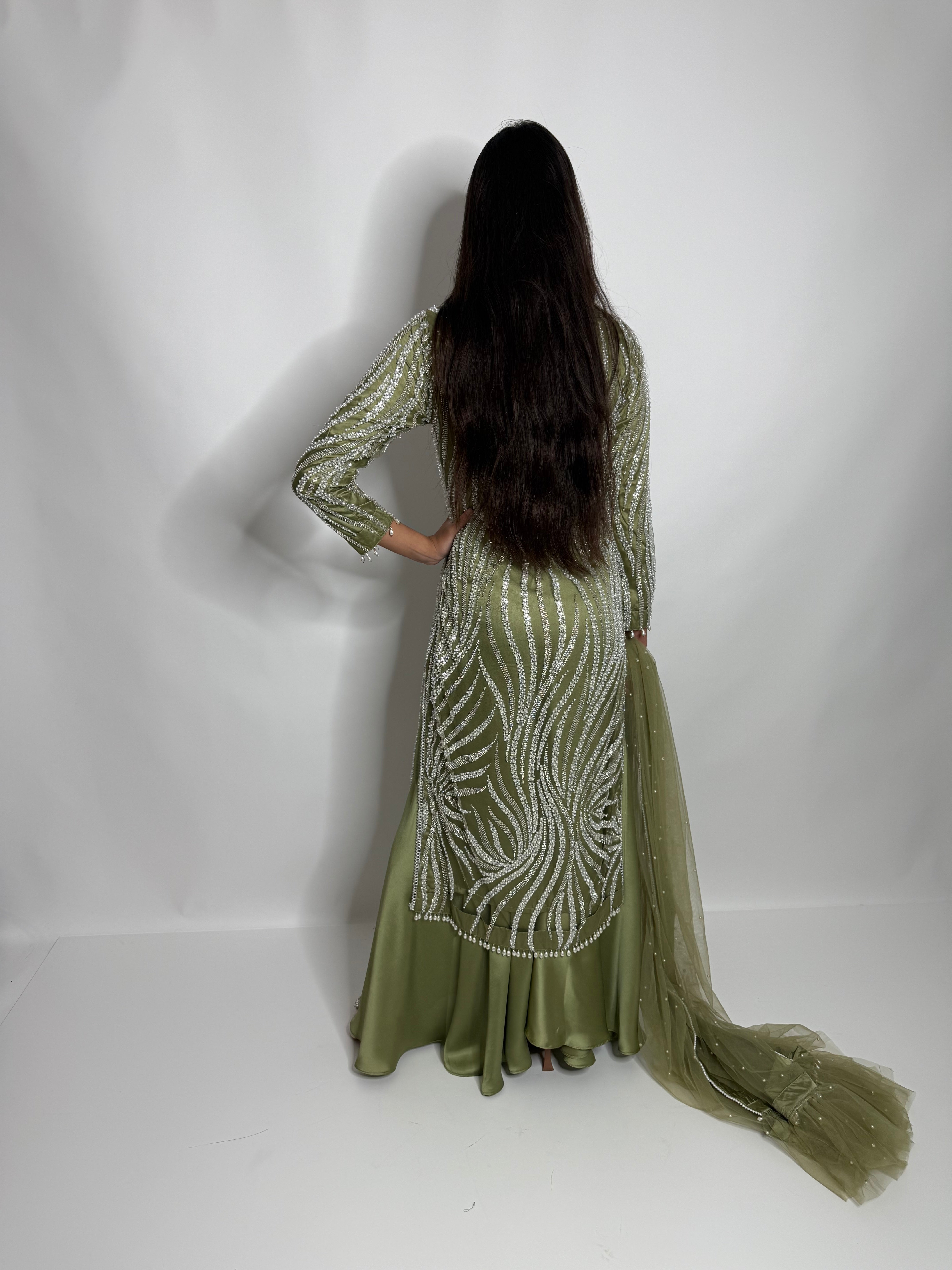 Olive Green Cutdana Sharara Three Piece Suit UK | The Mirabelle