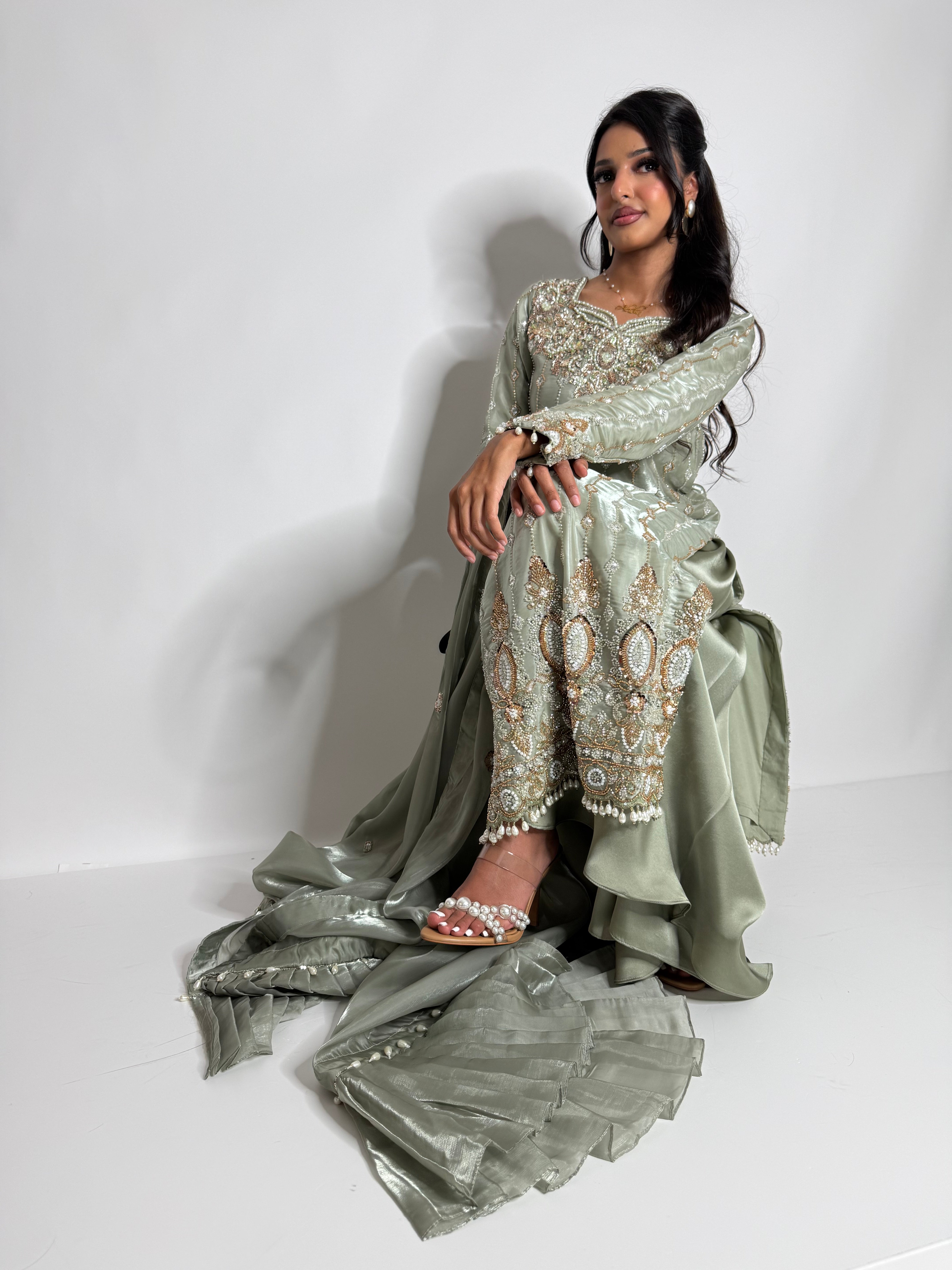 MAHZABIN | Sage Silk Sharara with Cutdana Embroidery