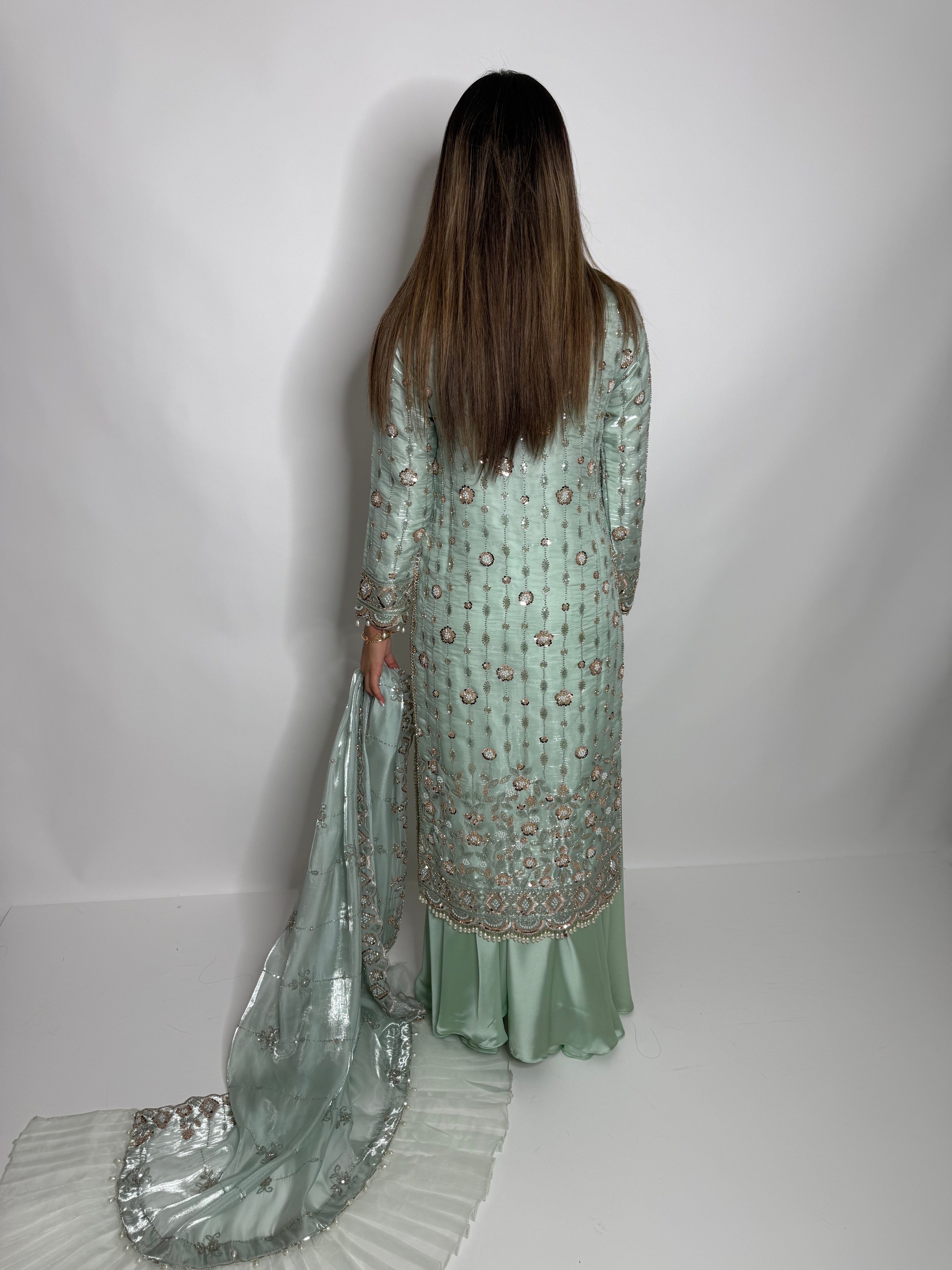 Parizay | Luxury Pakistani Mint Hand Embroidered Silk Sharara Suit UK | Eid, Wedding Guest & Party Wear