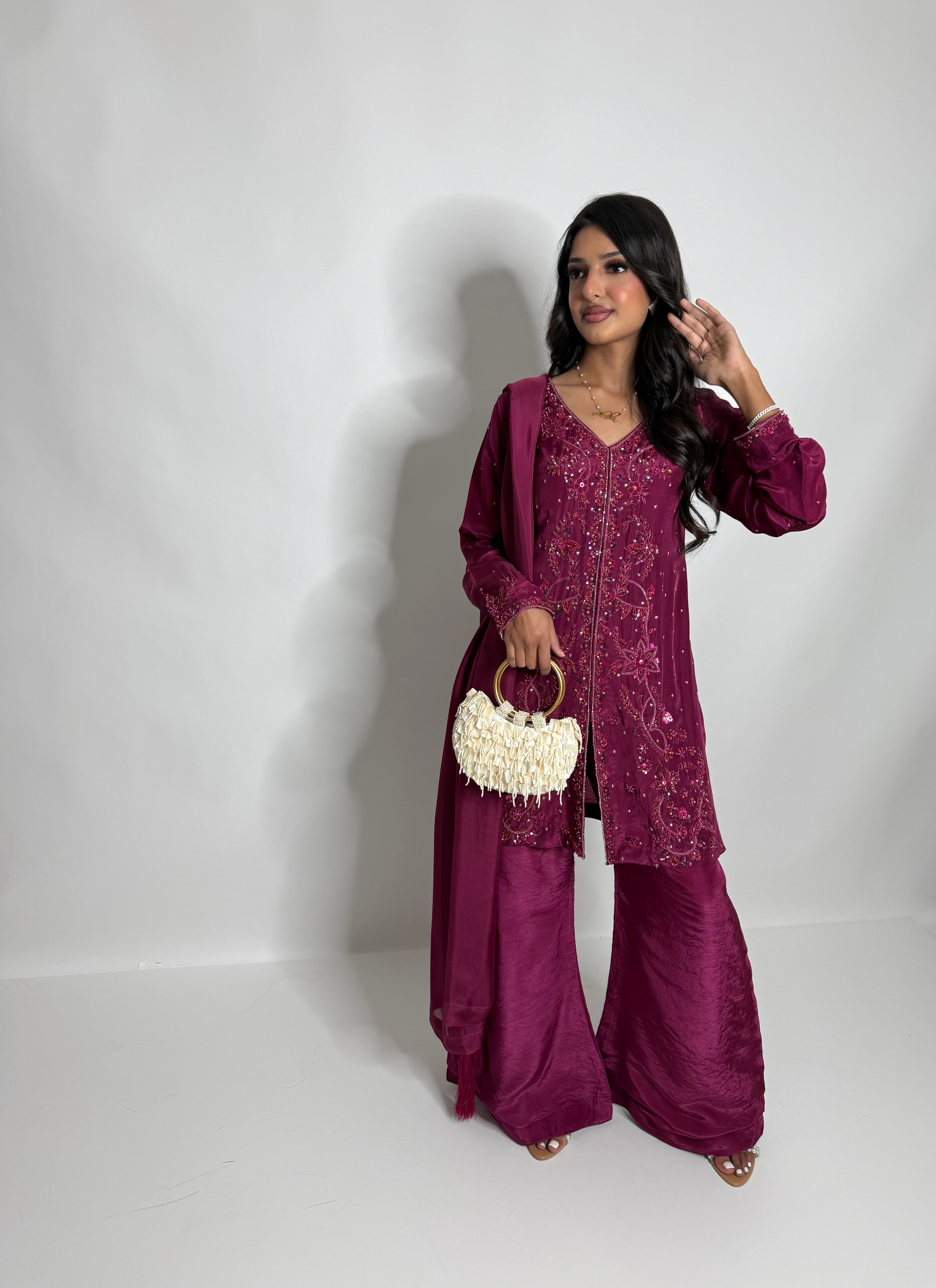 Mahveen | Luxury Pakistani Magenta Silk Sharara Suit UK | Hand Embroidered Wedding Guest & Eid Occasion Wear
