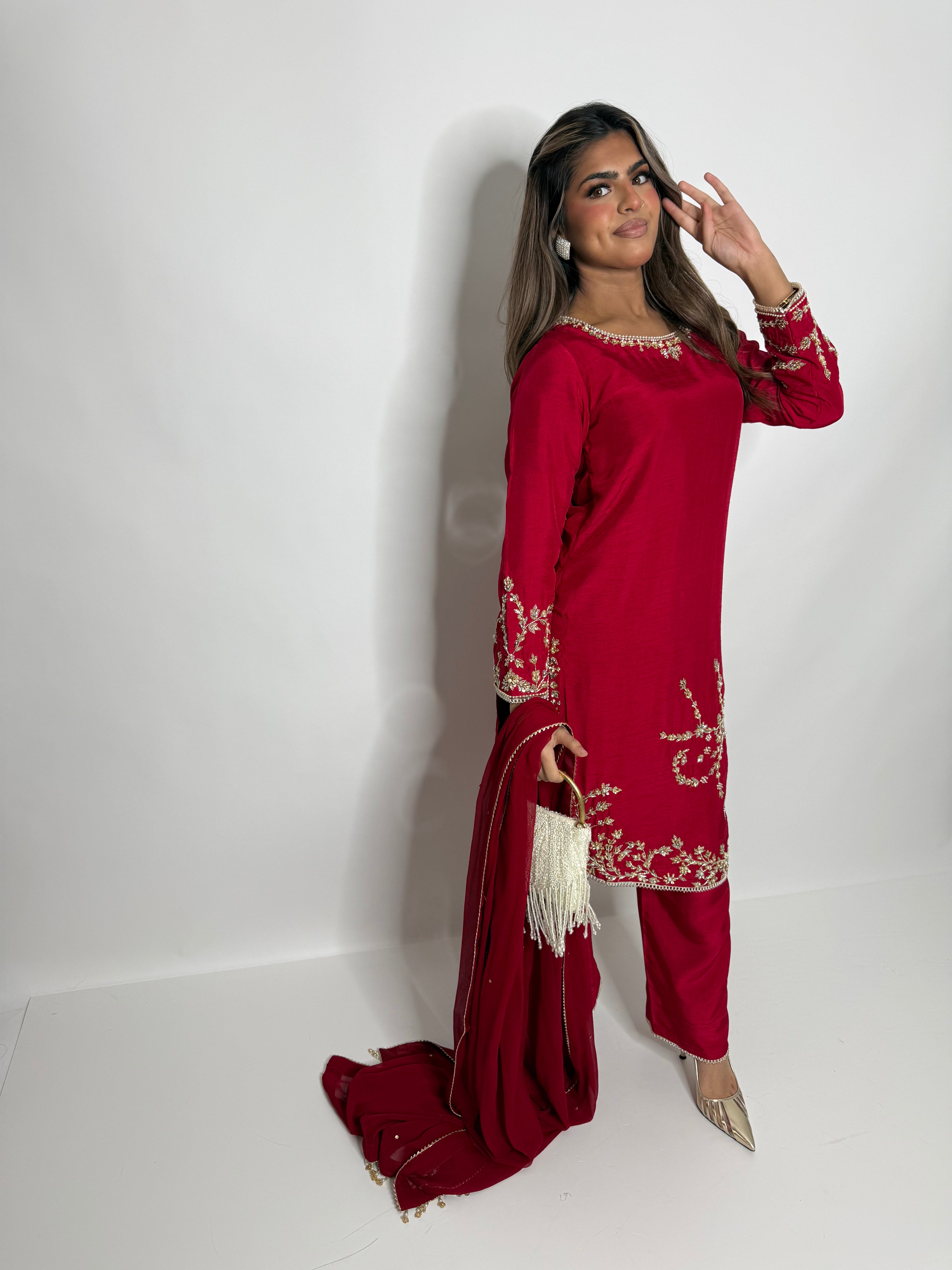 CRIMSON SILK ASYMMETRICAL THREE PIECE SUIT UK | THE SERAPHINA