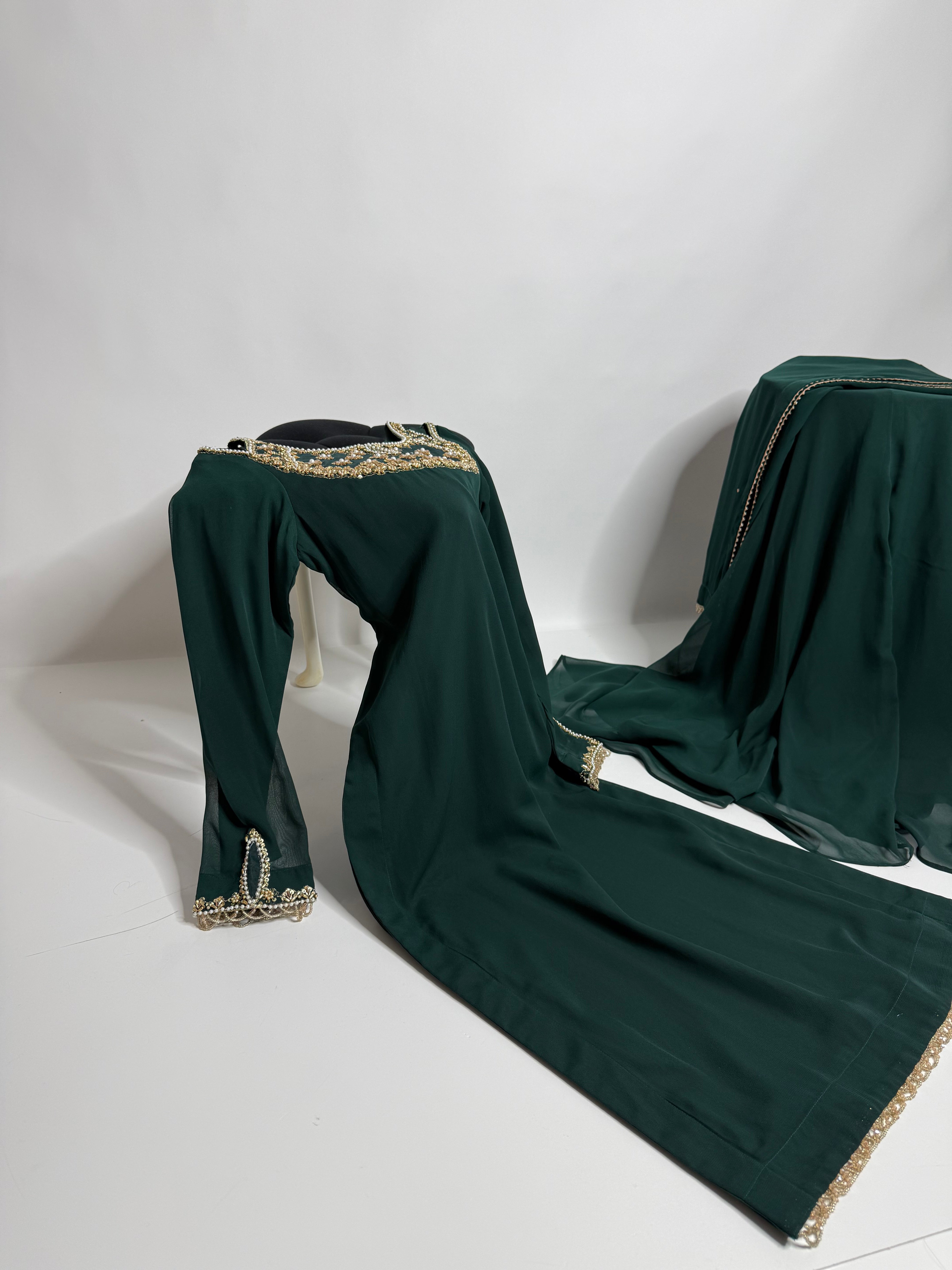 Emerald Chiffon Sharara Three Piece Suit UK | The Kaelisse