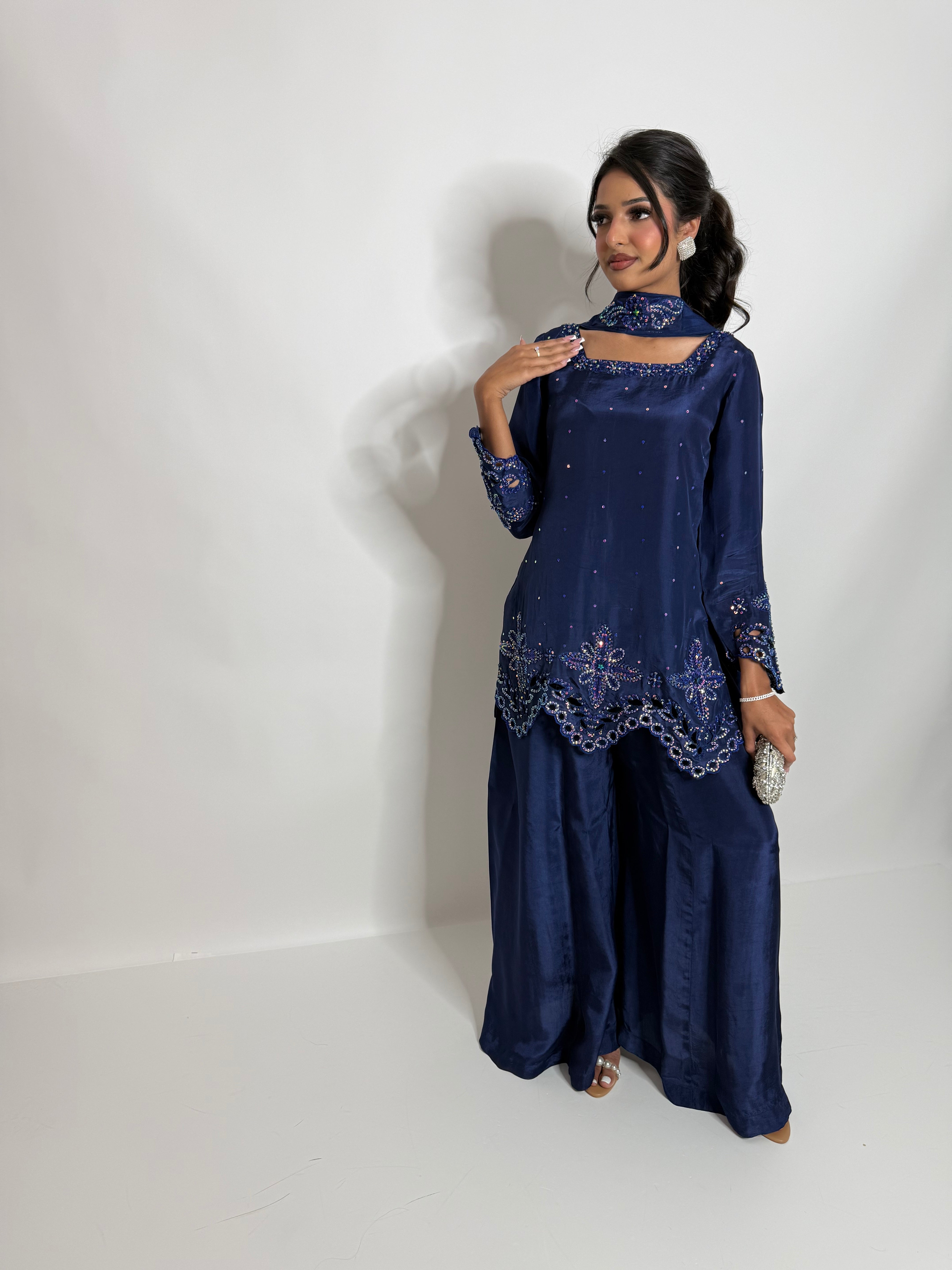ZARMINA | Luxury Pakistani Navy Silk Sharara Suit UK | Wedding Guest, Eid & Formal Occasion Wear