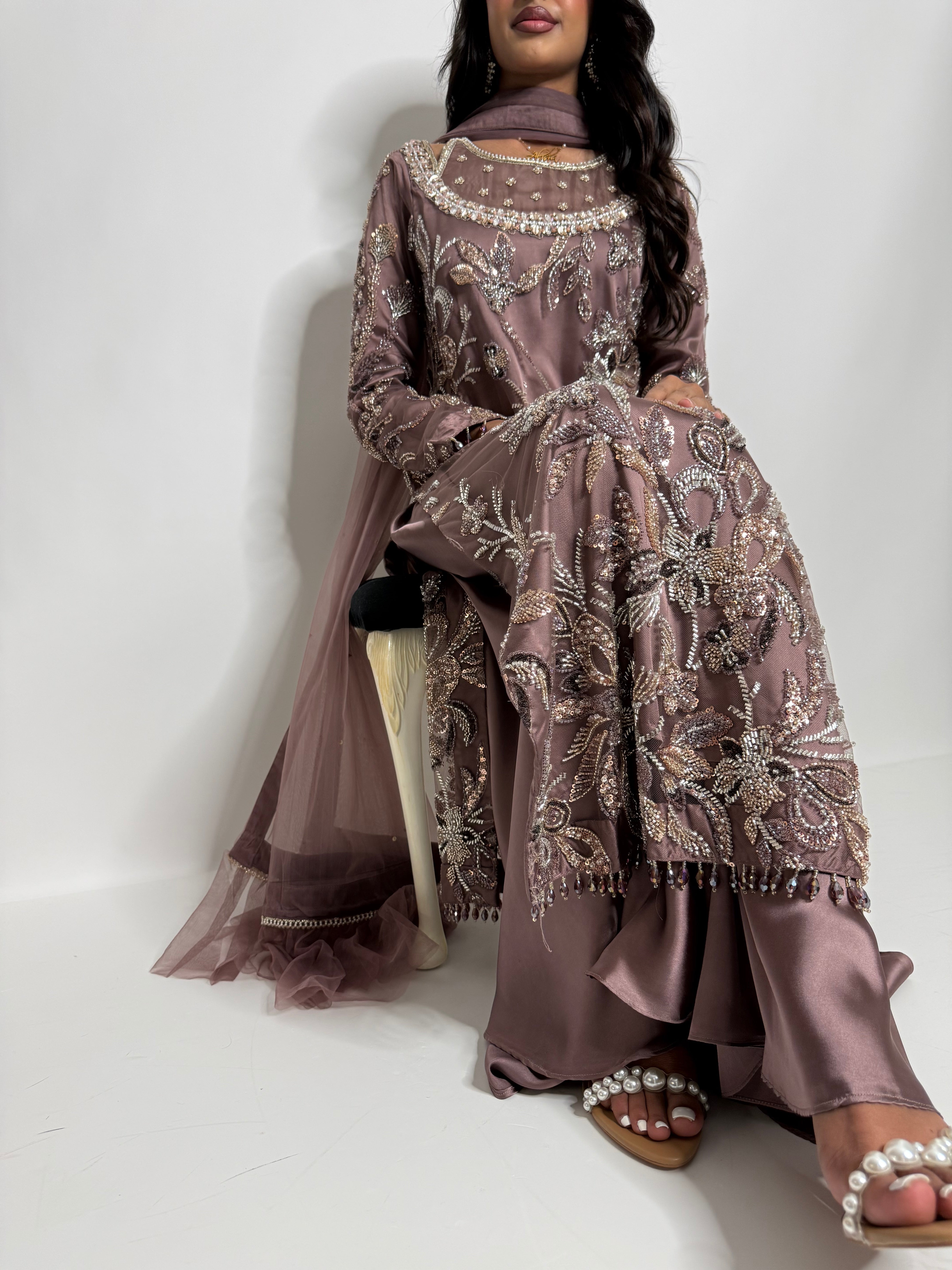 Noorzeba | Luxury Pakistani Cutdana Hand Embroidered Silk Sharara Suit UK | Wedding Guest, Eid & Party Wear