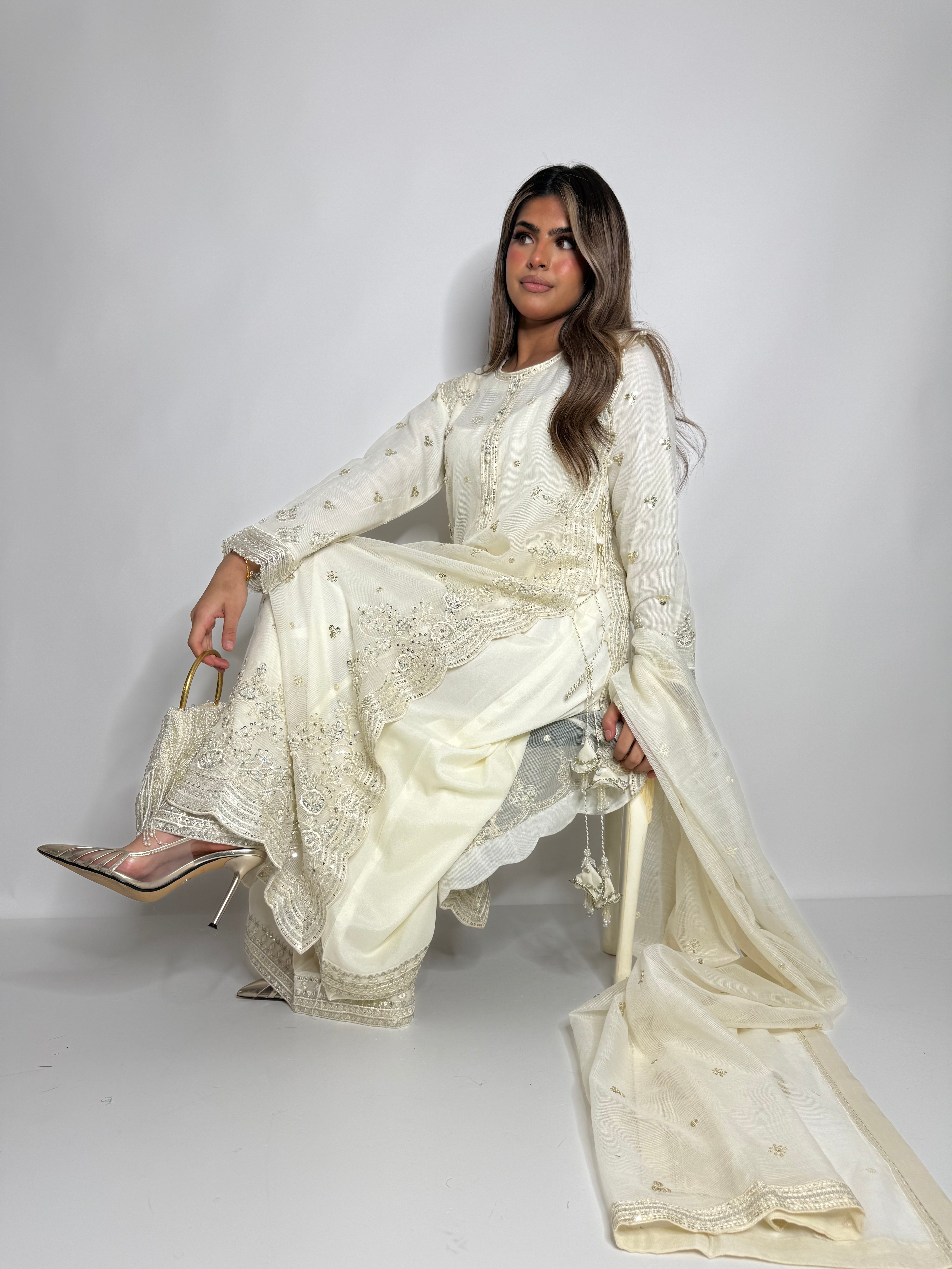 IVORY KHADI NET EMBROIDERED THREE PIECE SUIT UK | THE LYSANDRA