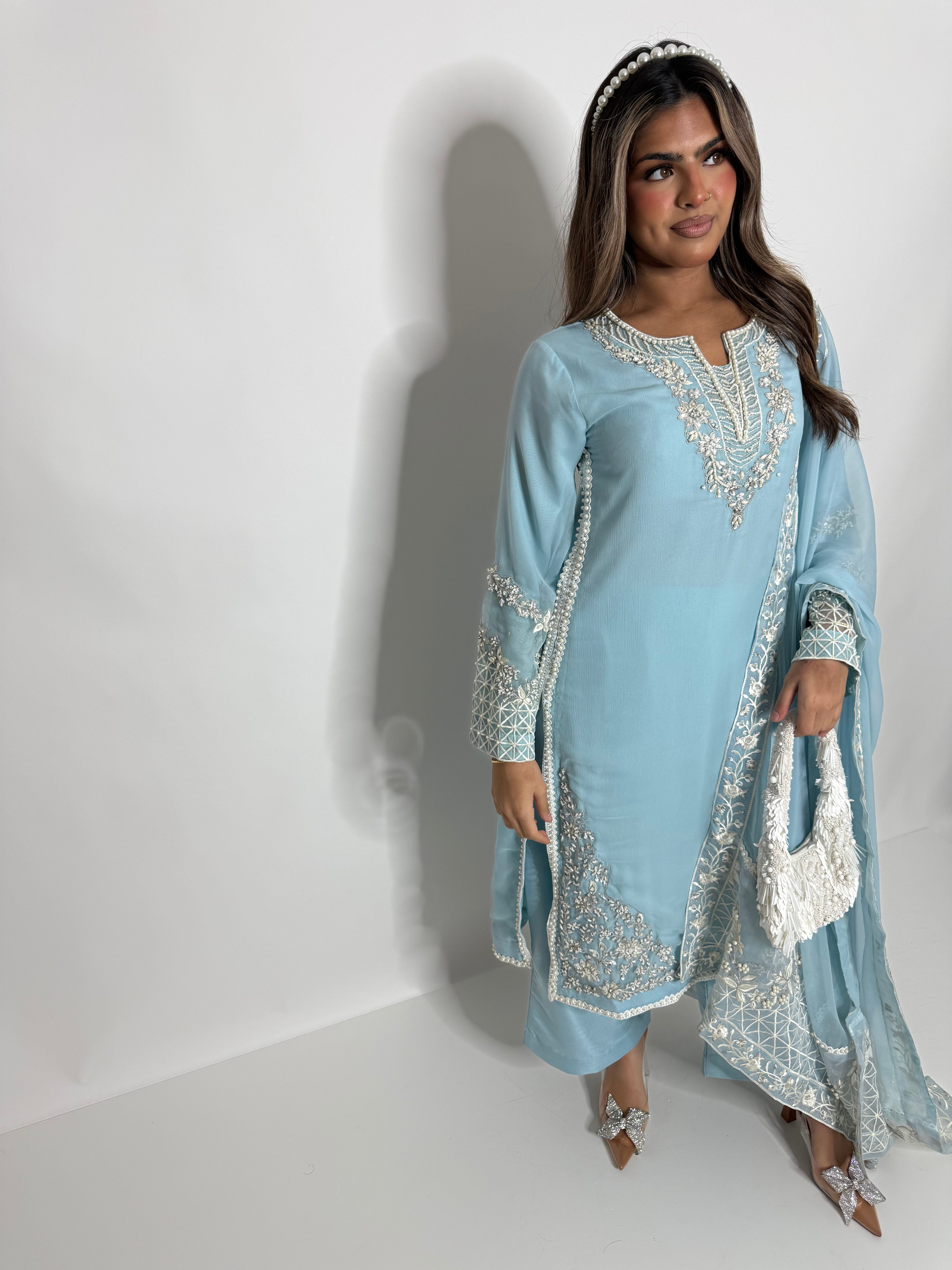 CELESTIAL BLUE CHIFFON THREE PIECE SUIT UK | THE ALARISSE