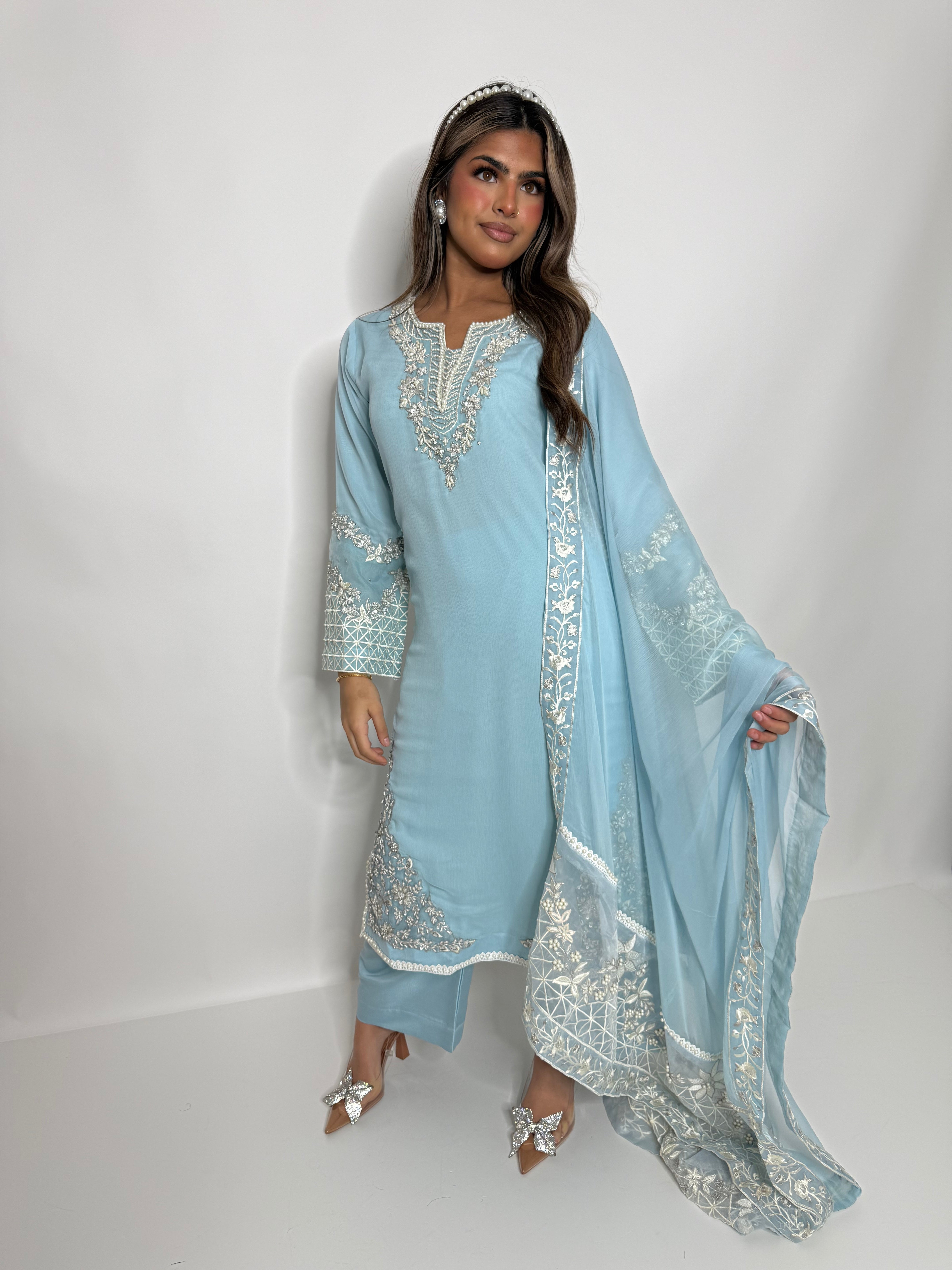 CELESTIAL BLUE CHIFFON THREE PIECE SUIT UK | THE ALARISSE